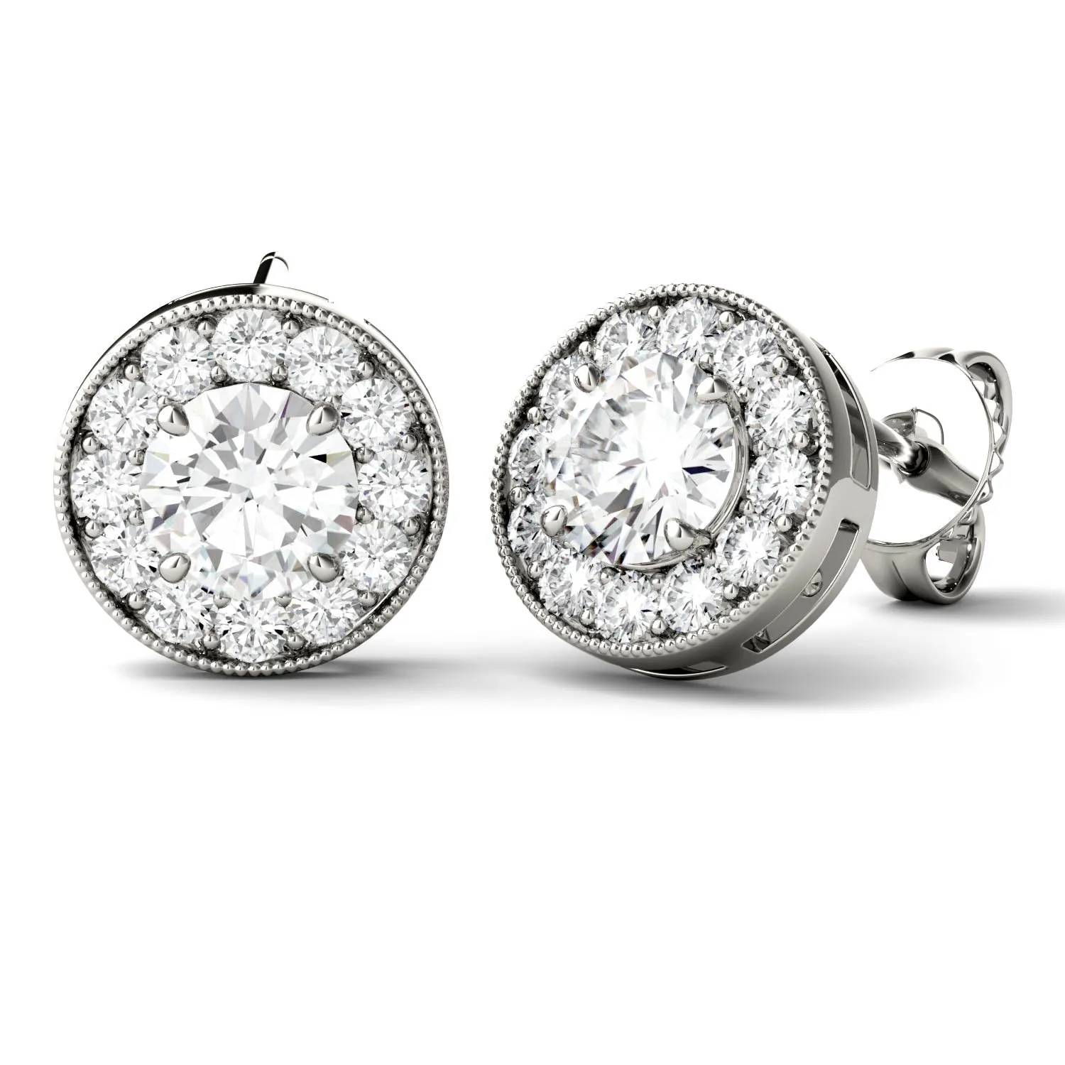 0.70 CTW DEW Round Moissanite Petite Halo Stud Earrings in 14K White Gold