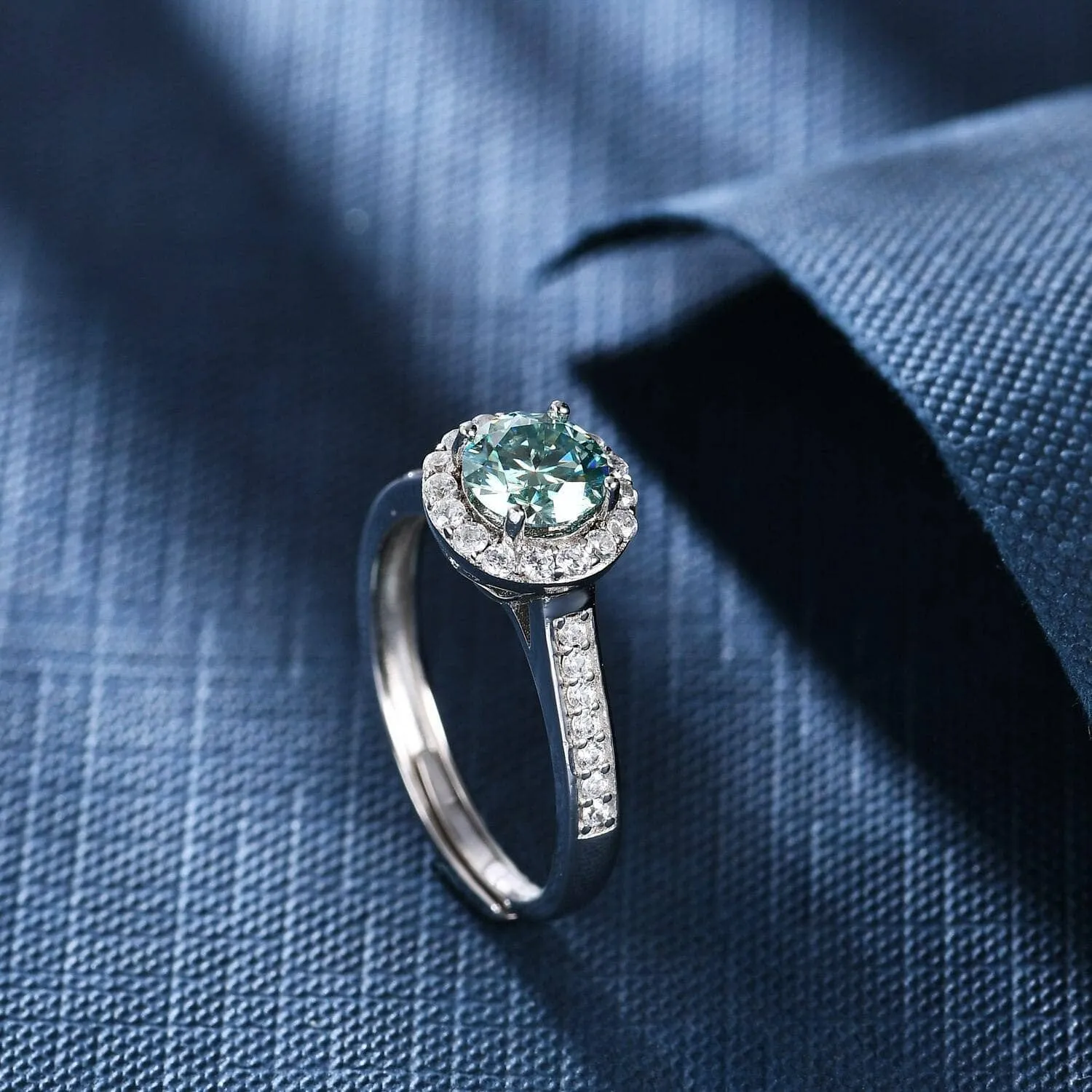 1.0 ct Round Halo Green Diamond Adjustable Engagement Ring