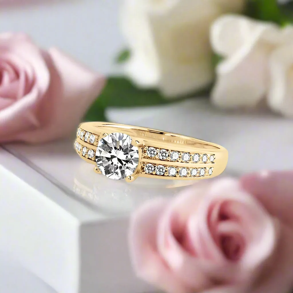 10k Yellow Gold 0.8 Ct Round Cut Diamond Double Row Engagement Ring