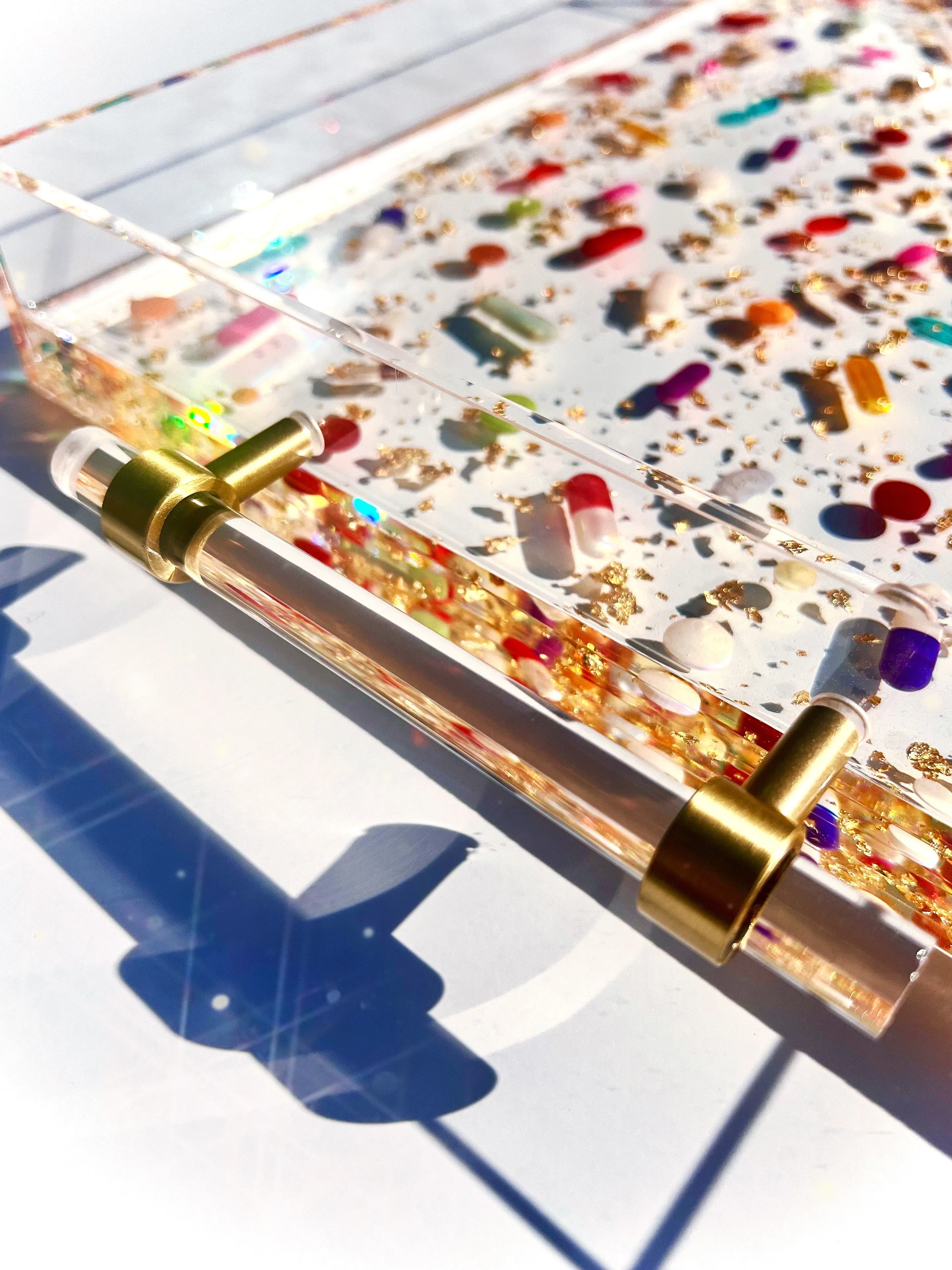11X14” Clear Lucite Serving Tray with lucite/satin brass pulls, gold leaf and pill petri details
