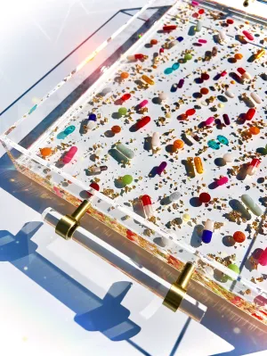 11X14” Clear Lucite Serving Tray with lucite/satin brass pulls, gold leaf and pill petri details