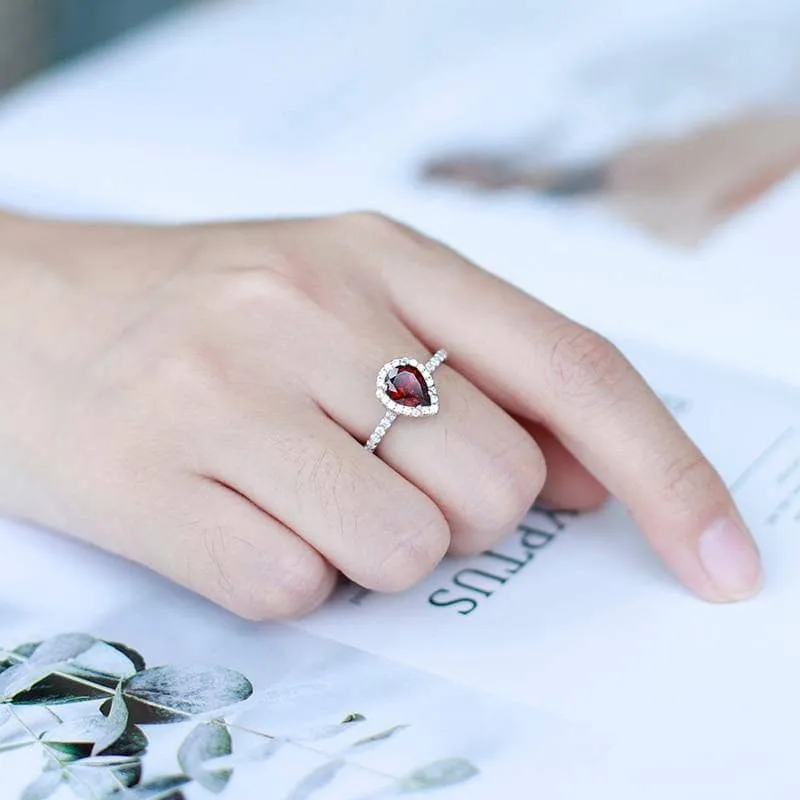 1.36Ct Natural Pear Cut Red Garnet Ring