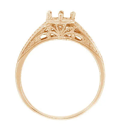 14 Karat Rose ( Pink ) Gold Art Deco Carved Wheat and Filigree Scrolls Engagement Ring Setting for a 3/4 Carat Diamond