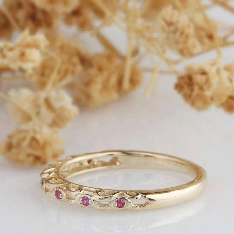 14k Yellow Gold Natural Red Ruby Stack Half Eternity Ring Band
