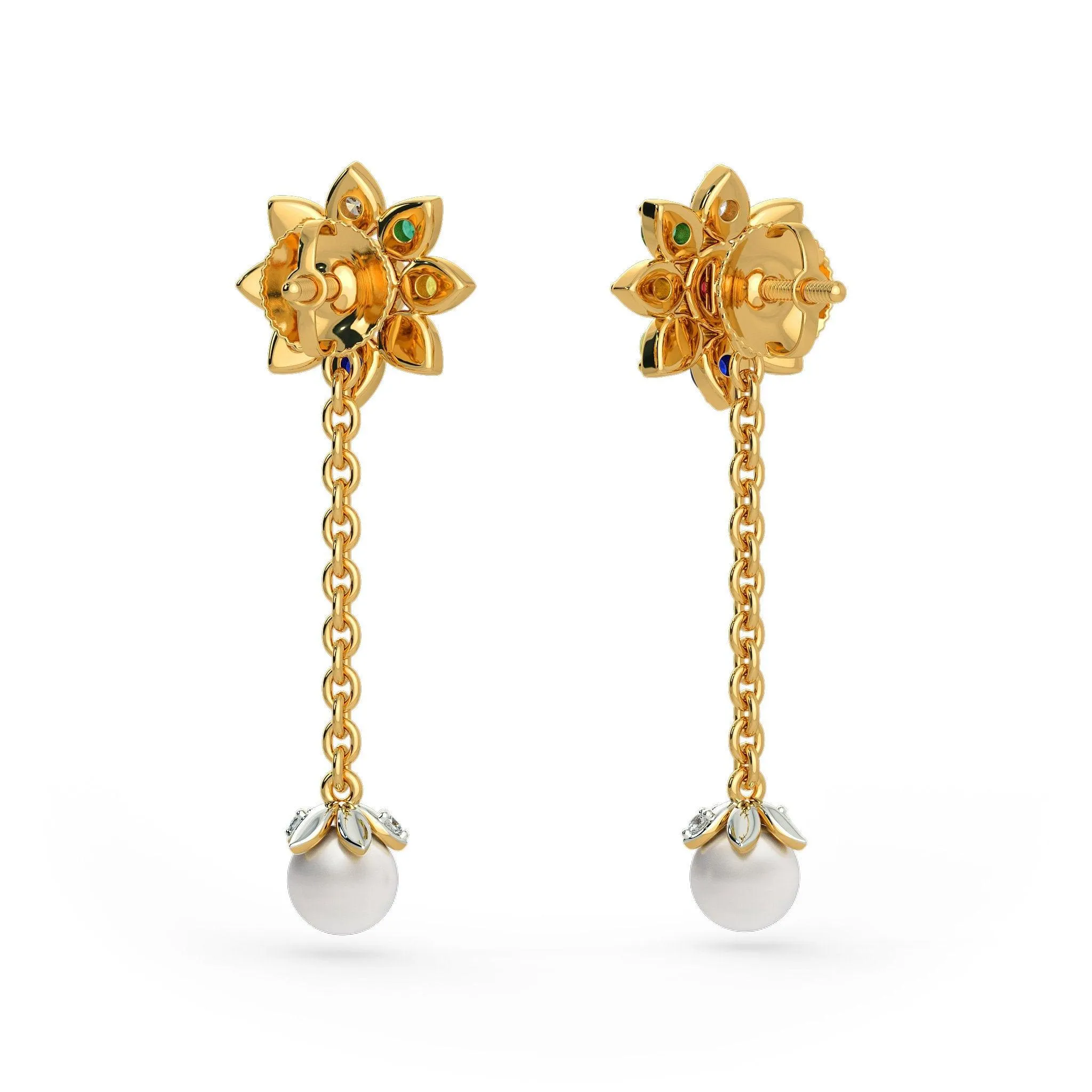 18k Solid Yellow Gold Handmade Navratna White Pearl Earrings, Navratna Earrings, Nine Gemstone Earrings, Gemstone Earrings