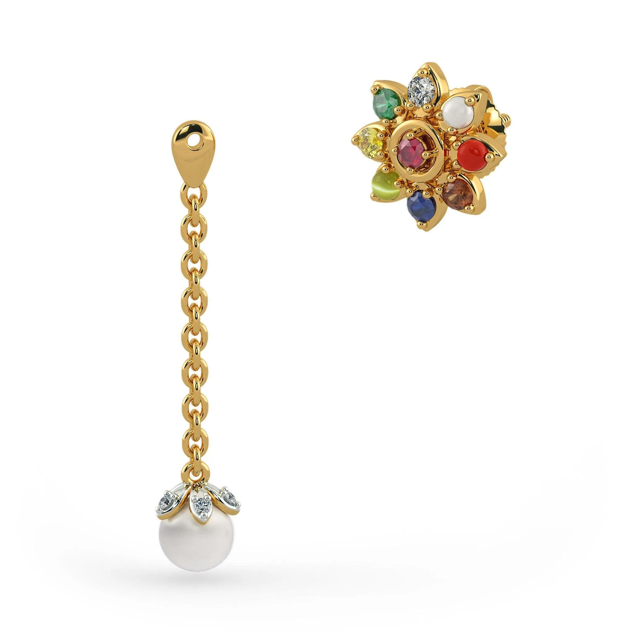 18k Solid Yellow Gold Handmade Navratna White Pearl Earrings, Navratna Earrings, Nine Gemstone Earrings, Gemstone Earrings