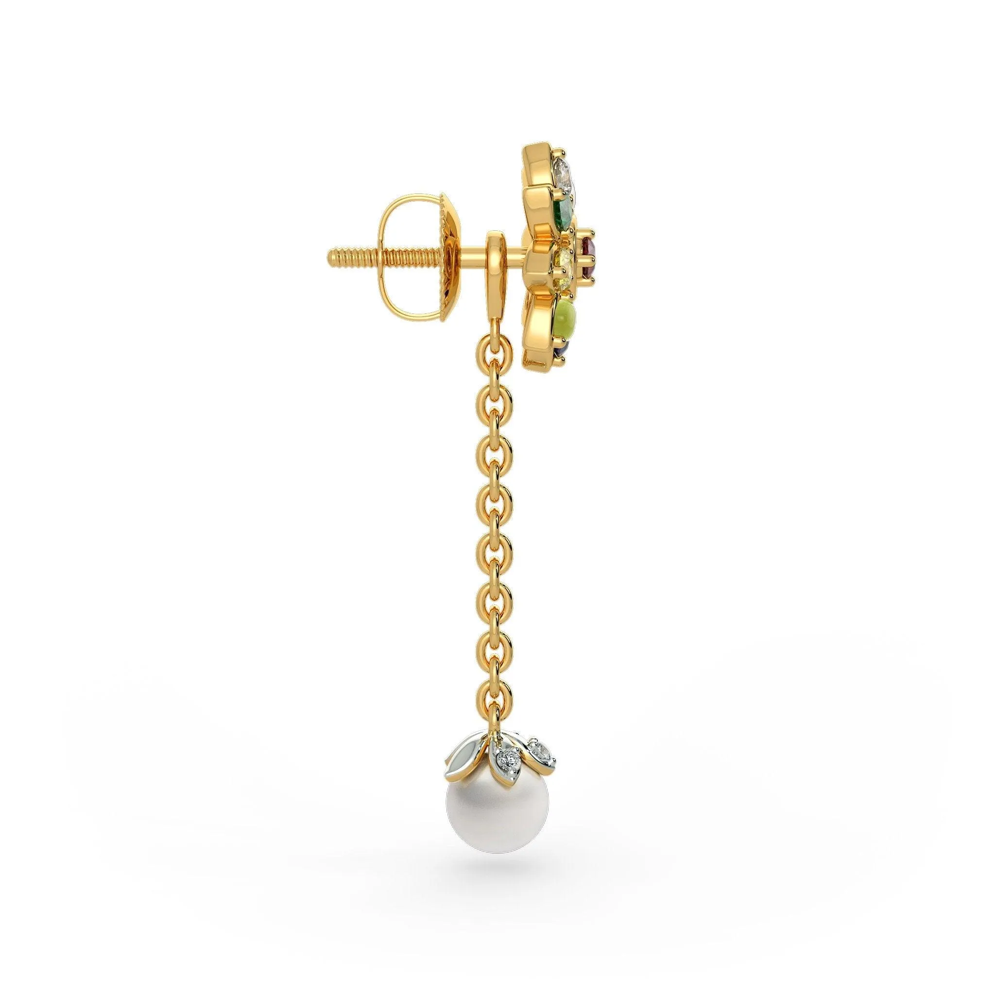 18k Solid Yellow Gold Handmade Navratna White Pearl Earrings, Navratna Earrings, Nine Gemstone Earrings, Gemstone Earrings