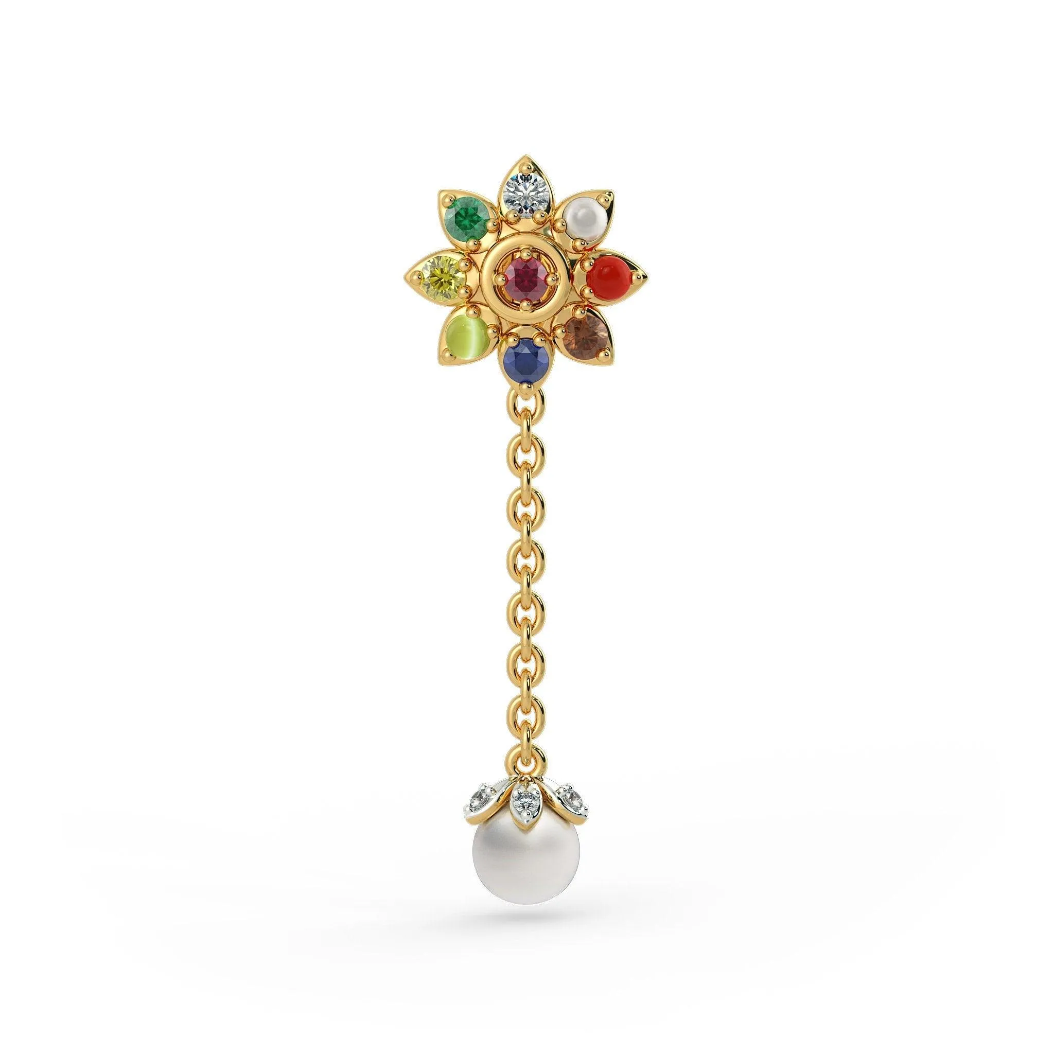 18k Solid Yellow Gold Handmade Navratna White Pearl Earrings, Navratna Earrings, Nine Gemstone Earrings, Gemstone Earrings