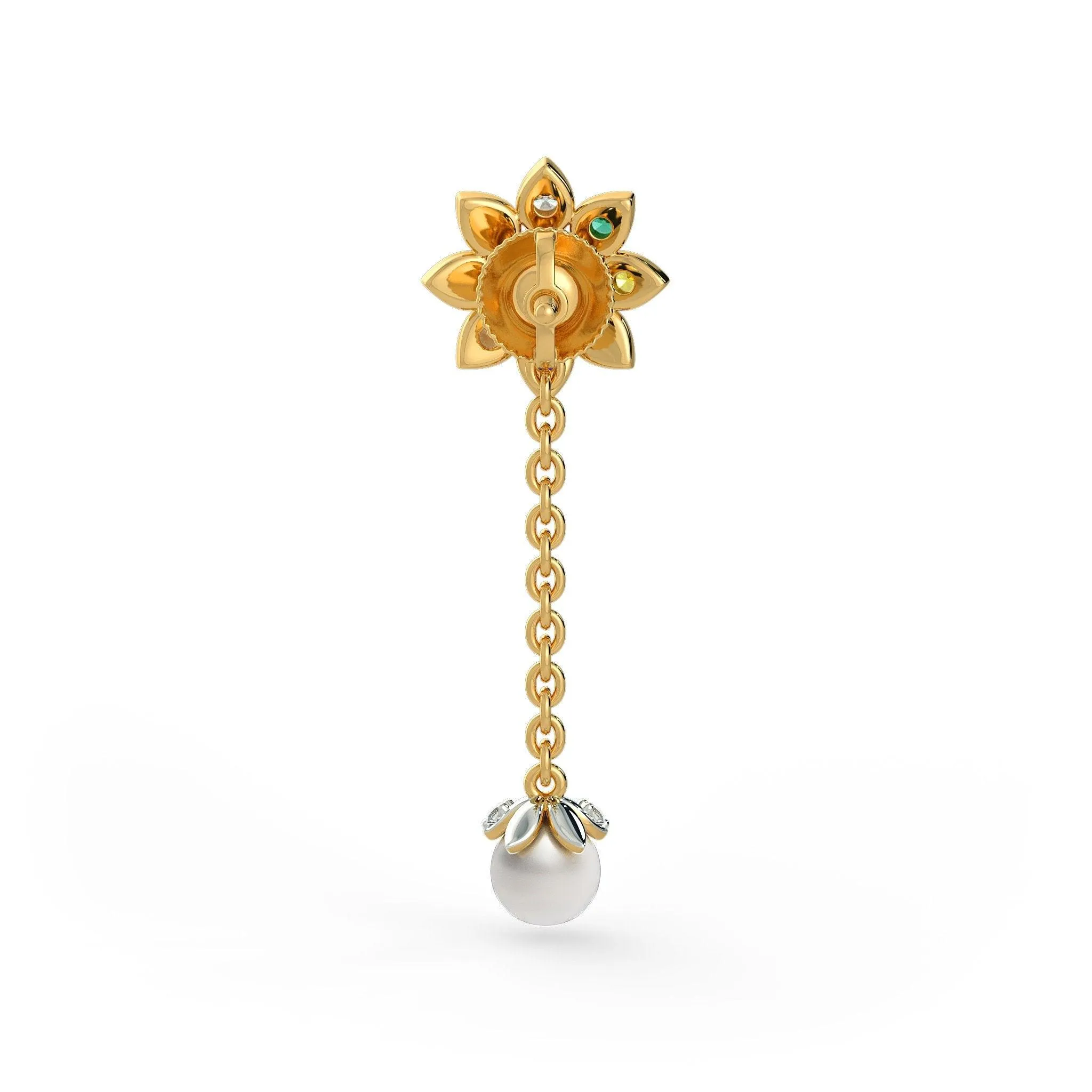 18k Solid Yellow Gold Handmade Navratna White Pearl Earrings, Navratna Earrings, Nine Gemstone Earrings, Gemstone Earrings
