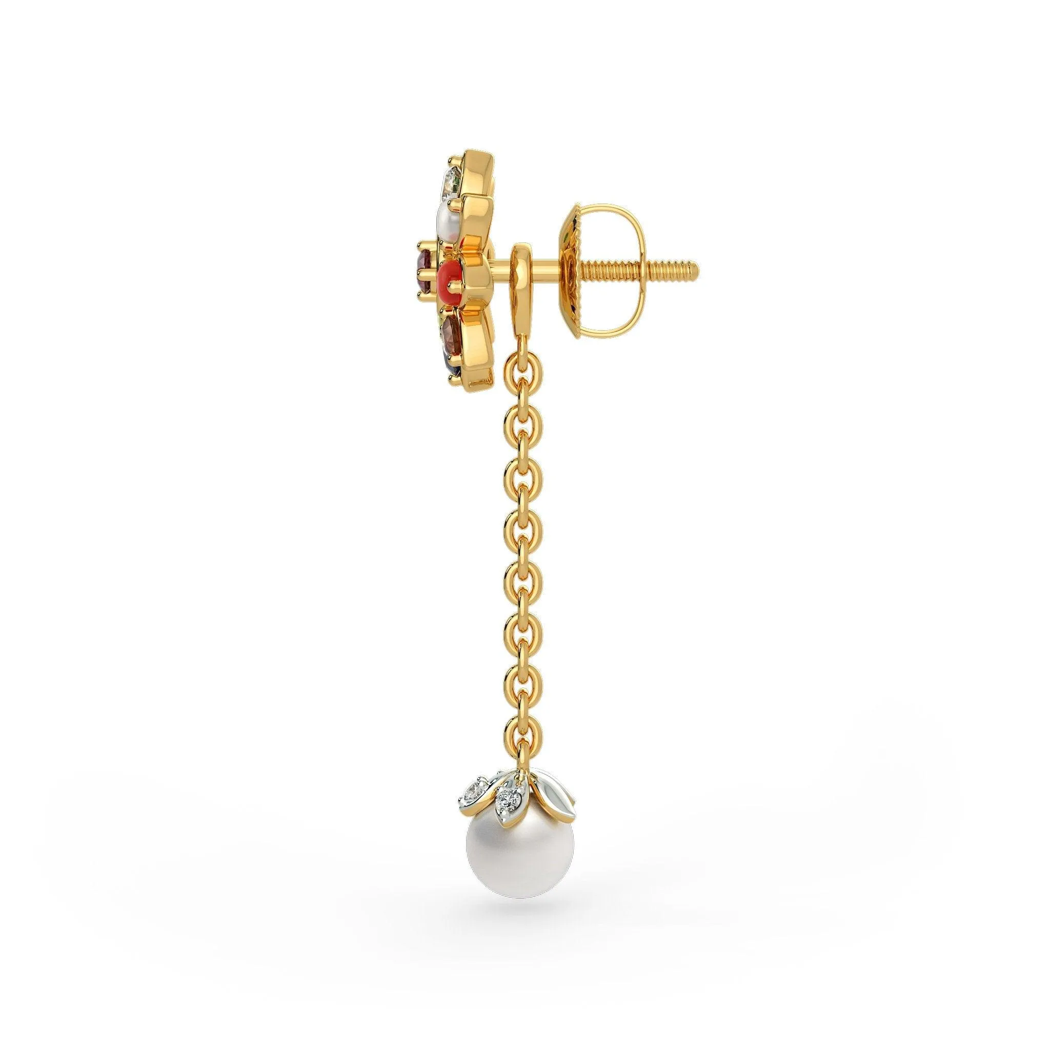 18k Solid Yellow Gold Handmade Navratna White Pearl Earrings, Navratna Earrings, Nine Gemstone Earrings, Gemstone Earrings