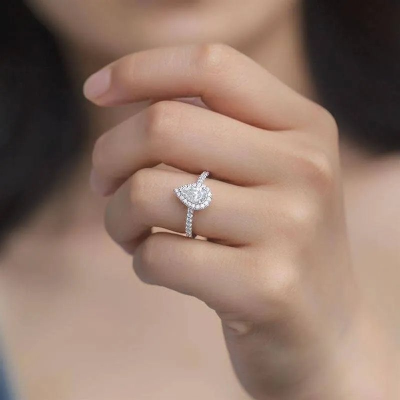1ct 5*8mm Pear Cut Diamond Petite Halo Engagement Ring