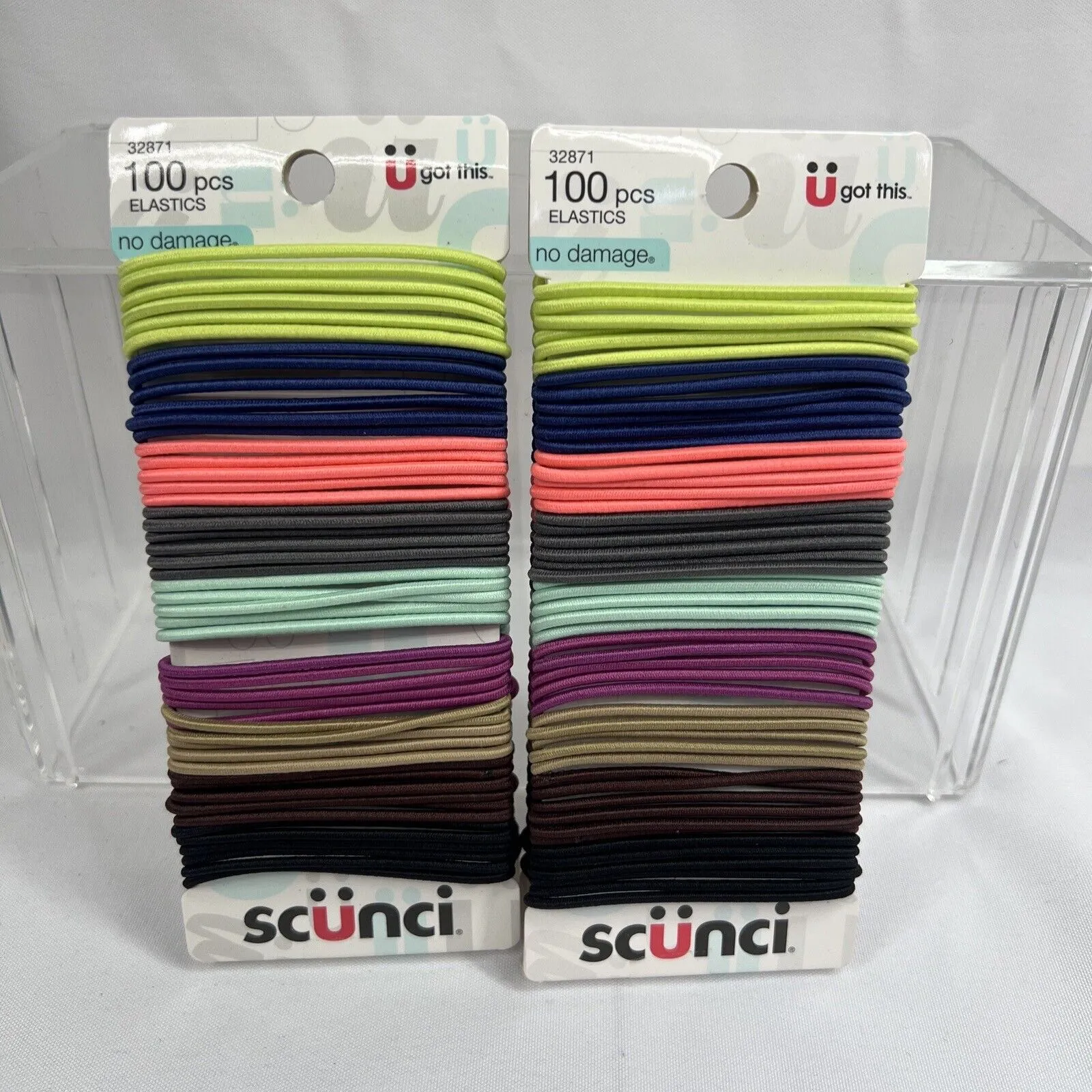 (2) Scunci No Damage 100pc All Day Hold Hair Elastics 32871 Gray Nude Lime Pink