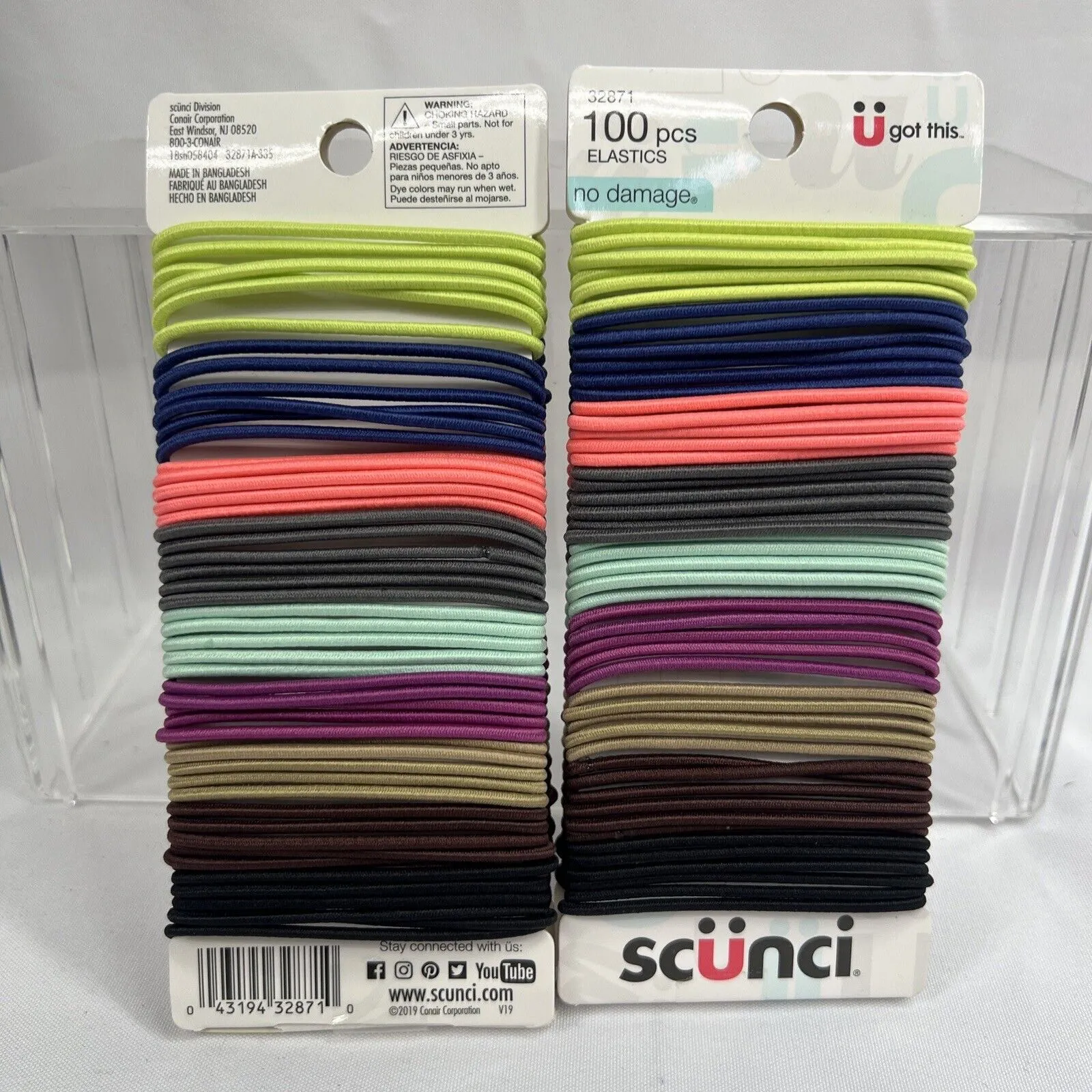 (2) Scunci No Damage 100pc All Day Hold Hair Elastics 32871 Gray Nude Lime Pink