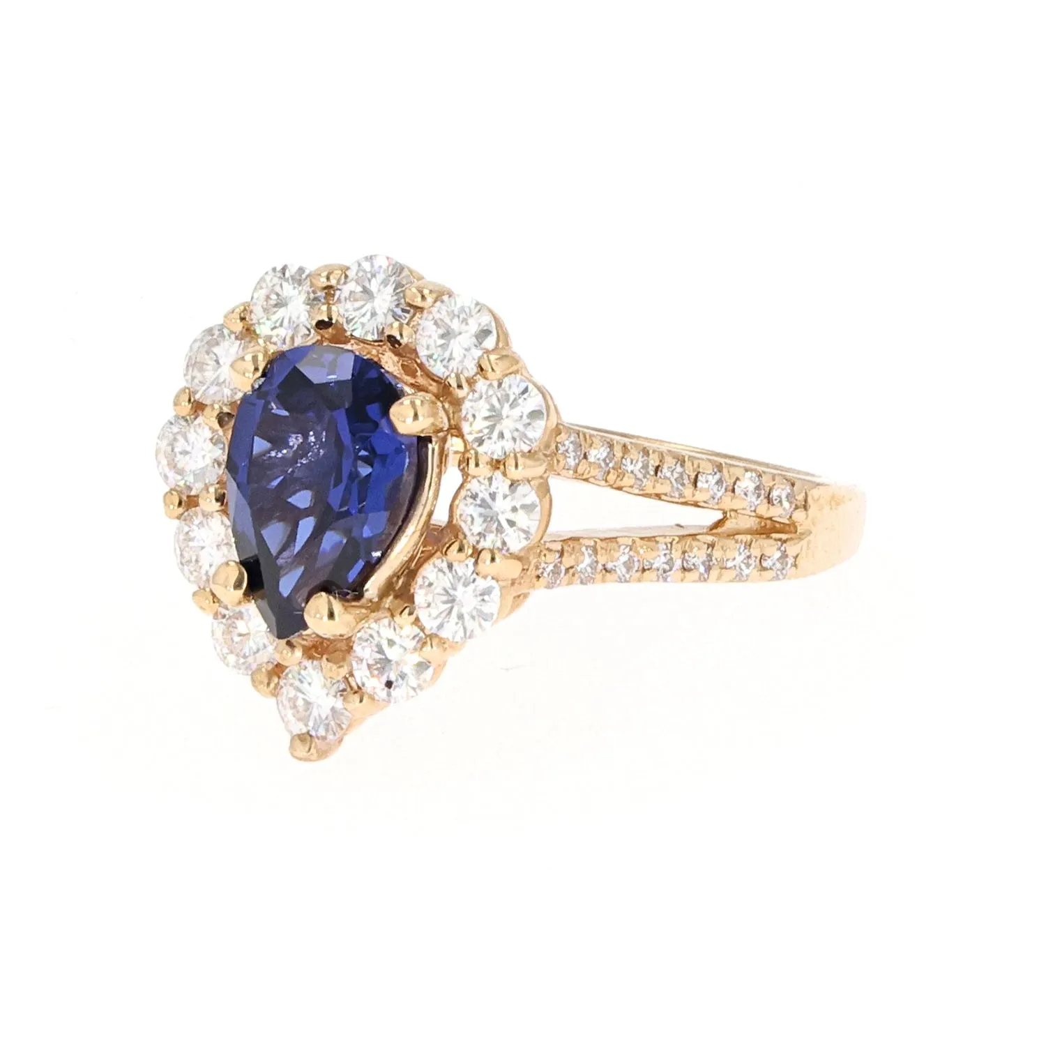 2.73 CTW DEW Blue Pear Lab Created Sapphire & Moissanite Statement Ring in 14K Yellow Gold