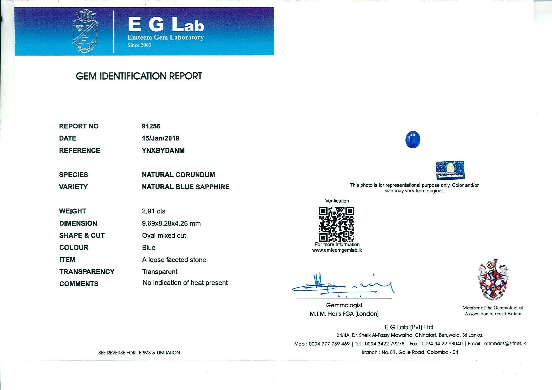 2.91ct. Unheated EGL Certified Oval Blue Sapphire