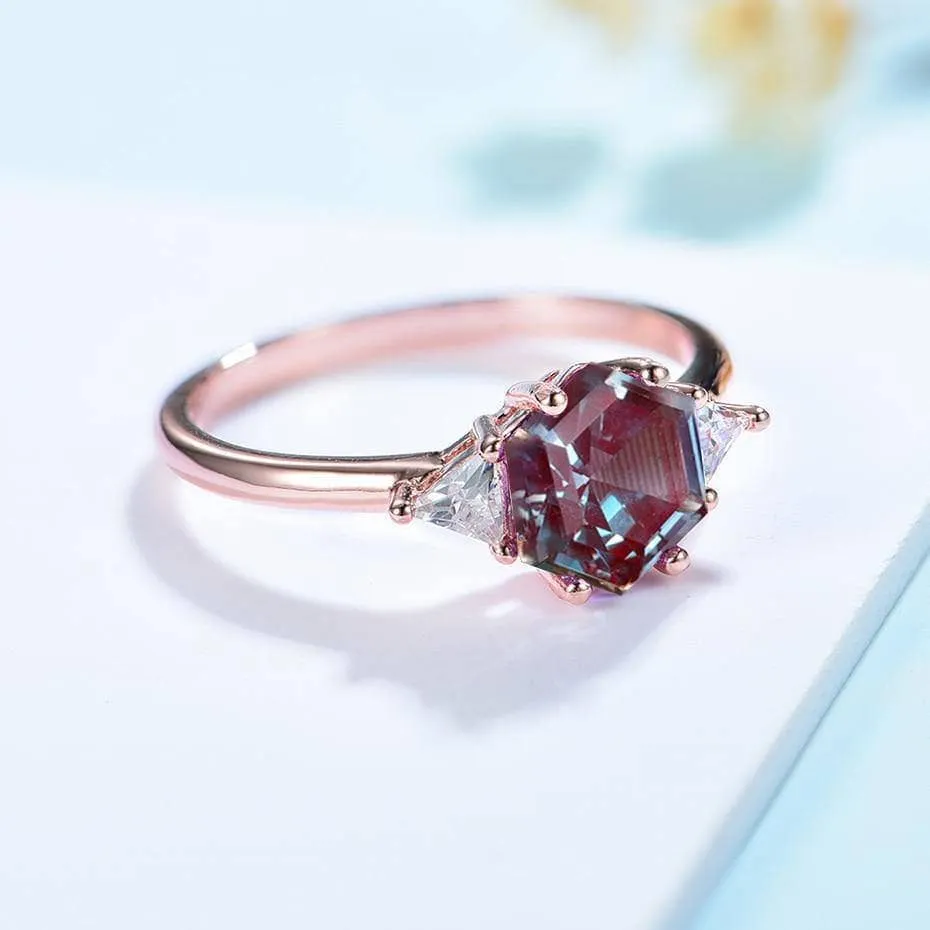 2ct Hexagon lab grown Alexandrite Gemstone Ring