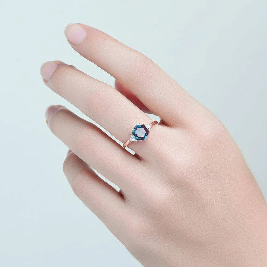 2ct Hexagon lab grown Alexandrite Gemstone Ring