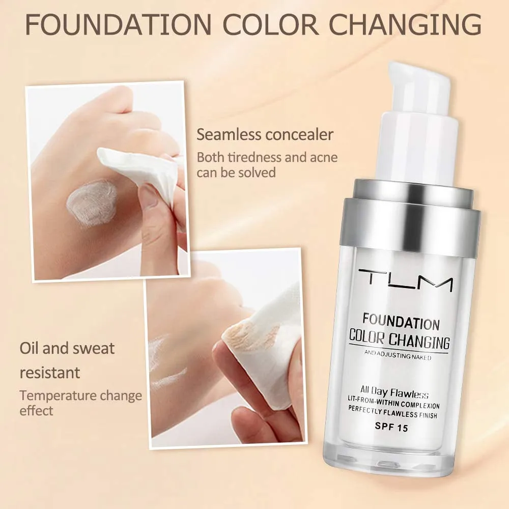 2Pcs TLM Color Changing Foundation Liquid with 2 Brushes and 2 Cosmetics Sponge Flawless Full Coverage Natural Color Face Primer Base Makeup 30Ml