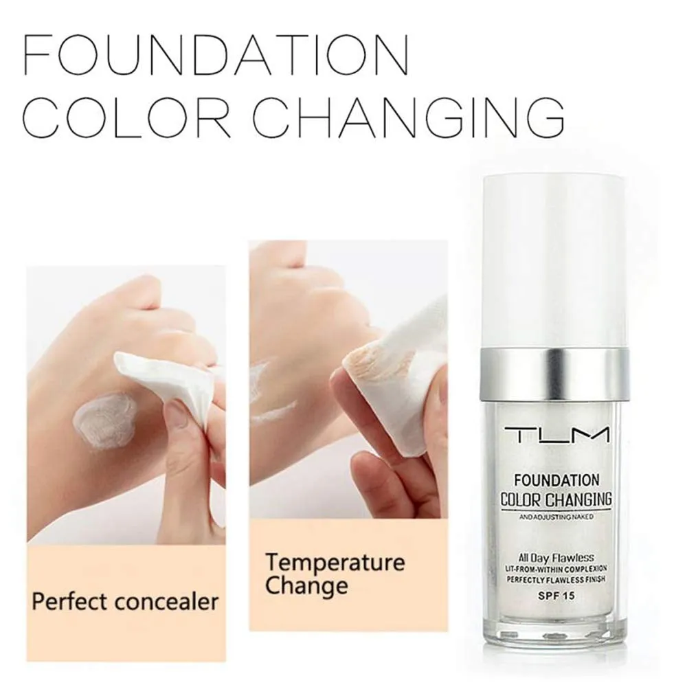 2Pcs TLM Color Changing Foundation Liquid with 2 Brushes and 2 Cosmetics Sponge Flawless Full Coverage Natural Color Face Primer Base Makeup 30Ml