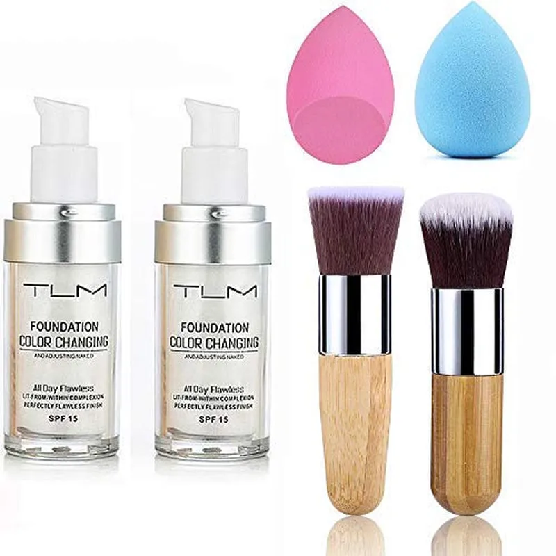 2Pcs TLM Color Changing Foundation Liquid with 2 Brushes and 2 Cosmetics Sponge Flawless Full Coverage Natural Color Face Primer Base Makeup 30Ml