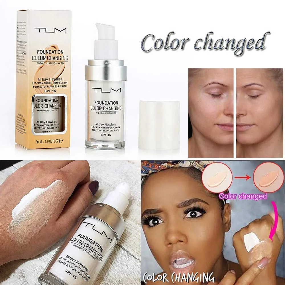 2Pcs TLM Color Changing Foundation Liquid with 2 Brushes and 2 Cosmetics Sponge Flawless Full Coverage Natural Color Face Primer Base Makeup 30Ml