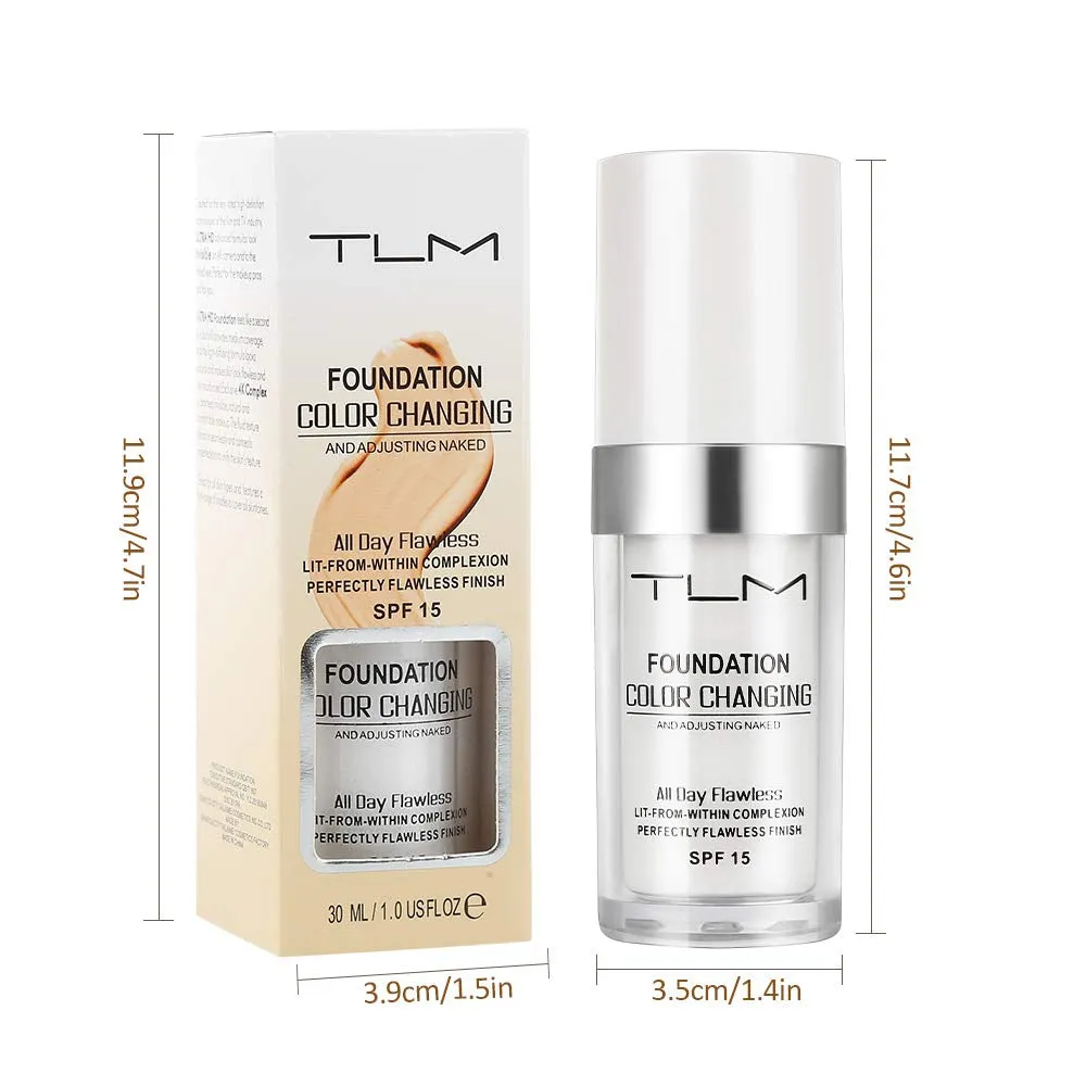 2Pcs TLM Color Changing Foundation Liquid with 2 Brushes and 2 Cosmetics Sponge Flawless Full Coverage Natural Color Face Primer Base Makeup 30Ml