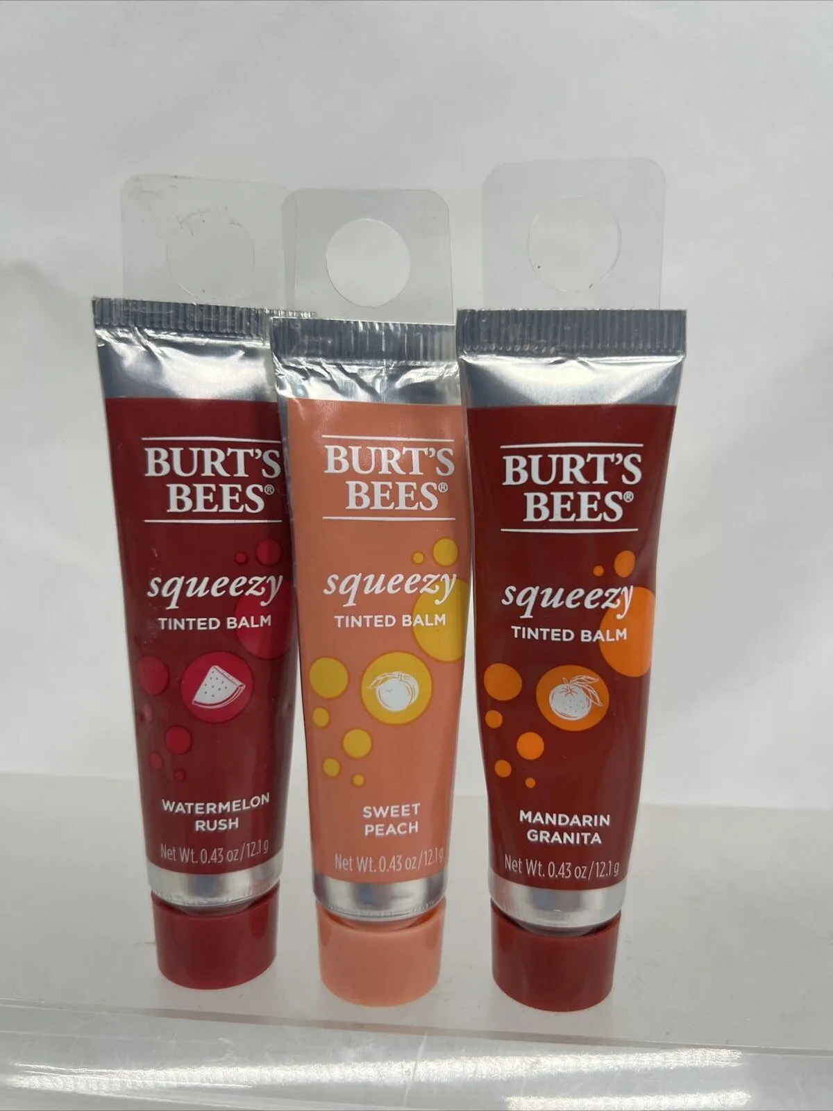 (3) Burt's Bees Squeezy Tinted Lip Balm Moisturizer Peach watermelon ￼Mandarin