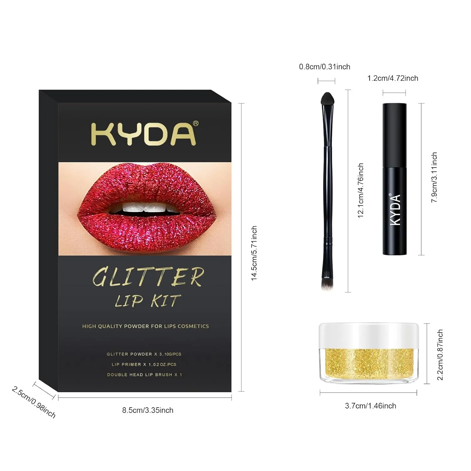 3 Colors Glitter Lip Kit, Diamond Metllic High Pigmented Powder for Lips Cosmetics, Glitter Lips Makeup,With Lip Primer and Brush, Long Wear-Set D