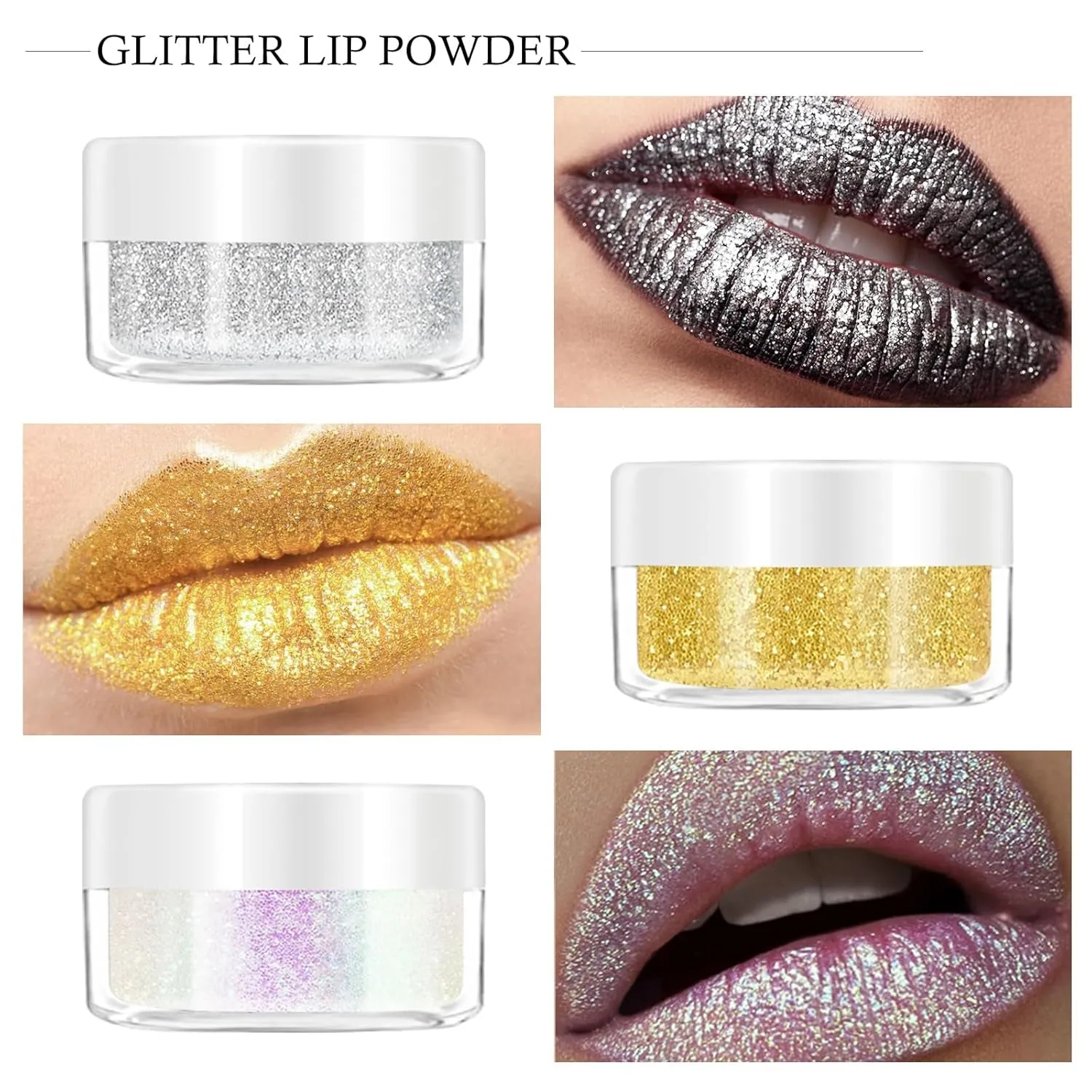 3 Colors Glitter Lip Kit, Diamond Metllic High Pigmented Powder for Lips Cosmetics, Glitter Lips Makeup,With Lip Primer and Brush, Long Wear-Set D