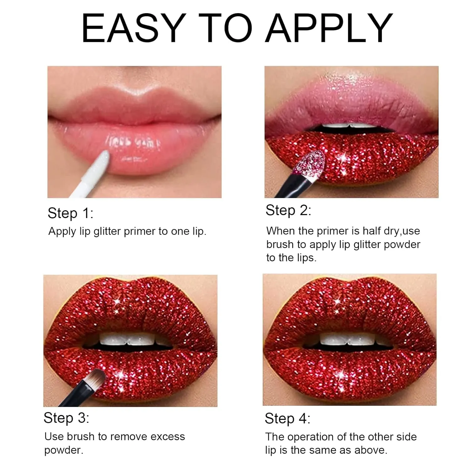 3 Colors Glitter Lip Kit, Diamond Metllic High Pigmented Powder for Lips Cosmetics, Glitter Lips Makeup,With Lip Primer and Brush, Long Wear-Set D