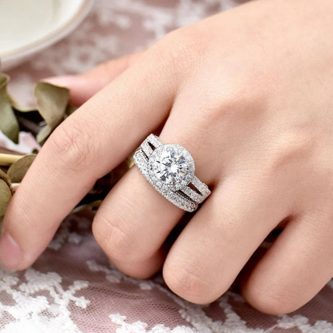 3.5ct Halo Brilliant Round Cut Created Diamond Engagement Ring Set