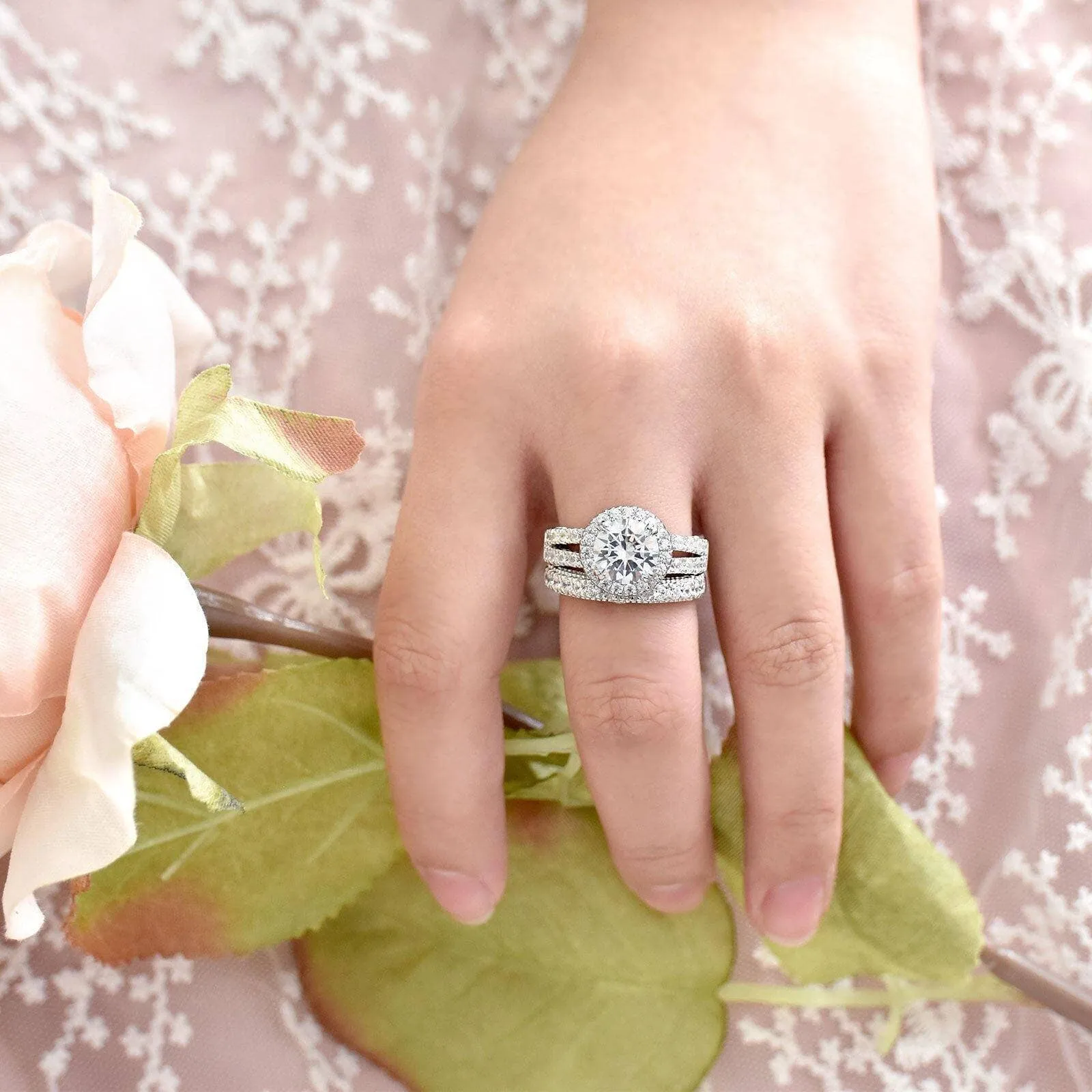 3.5ct Halo Brilliant Round Cut Created Diamond Engagement Ring Set