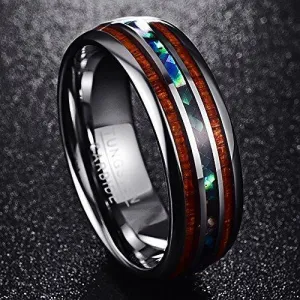 8 mm Silver Plated Tungsten Carbide Ring with Abalone Shell and Hawaiian Koa Wood Inlay
