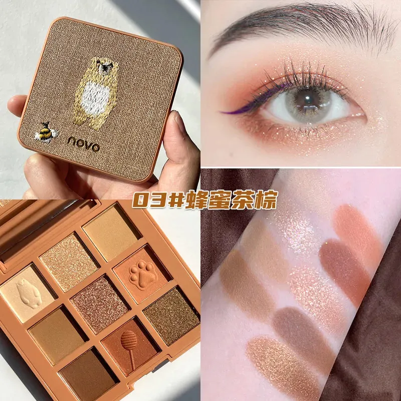 9 Colors Eyeshadow Palette Animal Embroidery Eyeshadow Palette Glitter Highlighter Face Contour Blush Palette Matte Eye Pigments