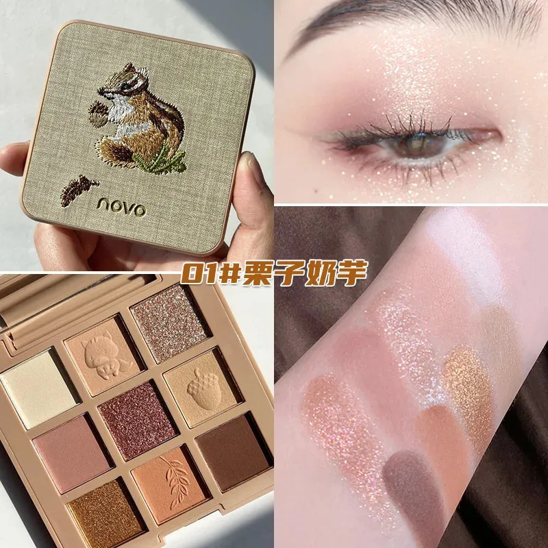 9 Colors Eyeshadow Palette Animal Embroidery Eyeshadow Palette Glitter Highlighter Face Contour Blush Palette Matte Eye Pigments