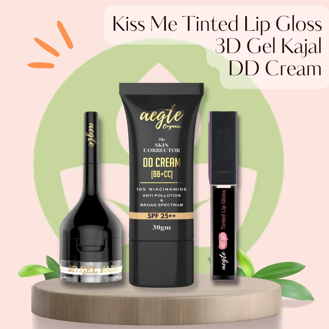 Aegte Kiss Me Magic pH Tinted Lip Gloss with SPF 25  , 3D Gel Kajal (3 in 1 Kajal-Gel Eyeliner-Eyebrow Filler) & Skin Corrector DD Cream