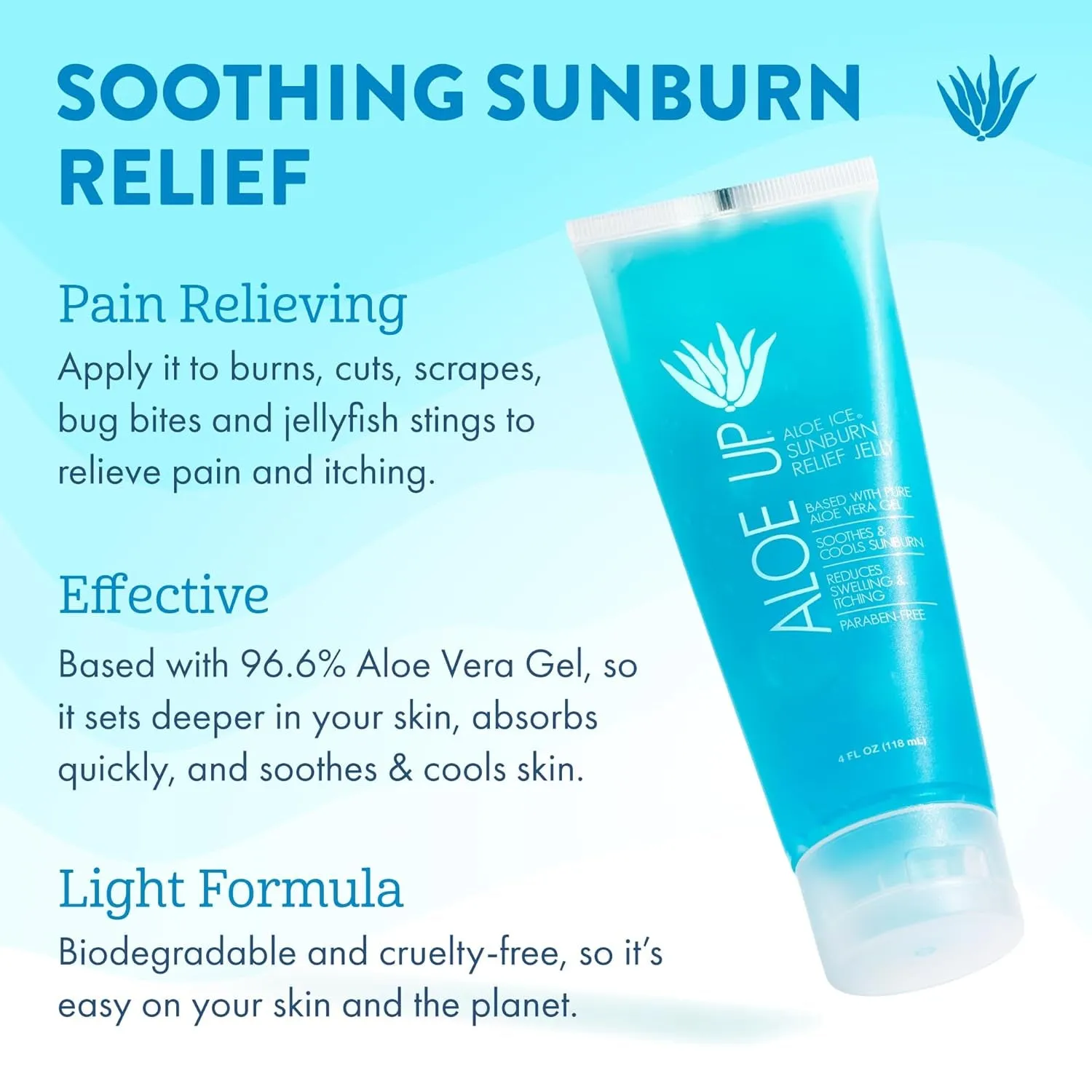 Aloe Ice Sunburn Relief Jelly - Face and Body Organic after Sun Gel - with 96.6% Pure Aloe Vera Gel - Reef Safe - Alcohol- and Fragrance-Free - 4 Oz