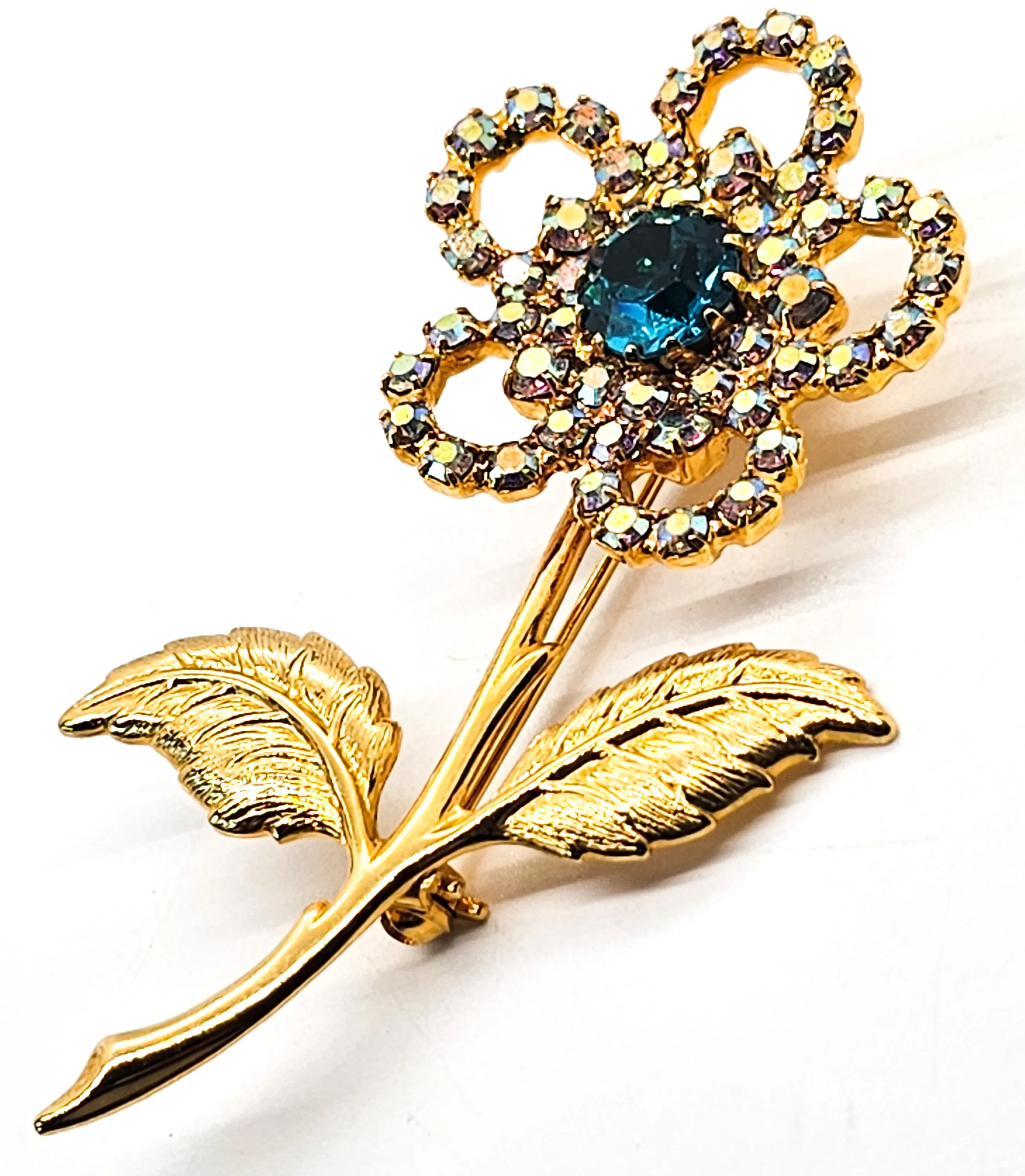 Aqua blue gold toned aurora borealis vintage daisy flower rhinestone brooch