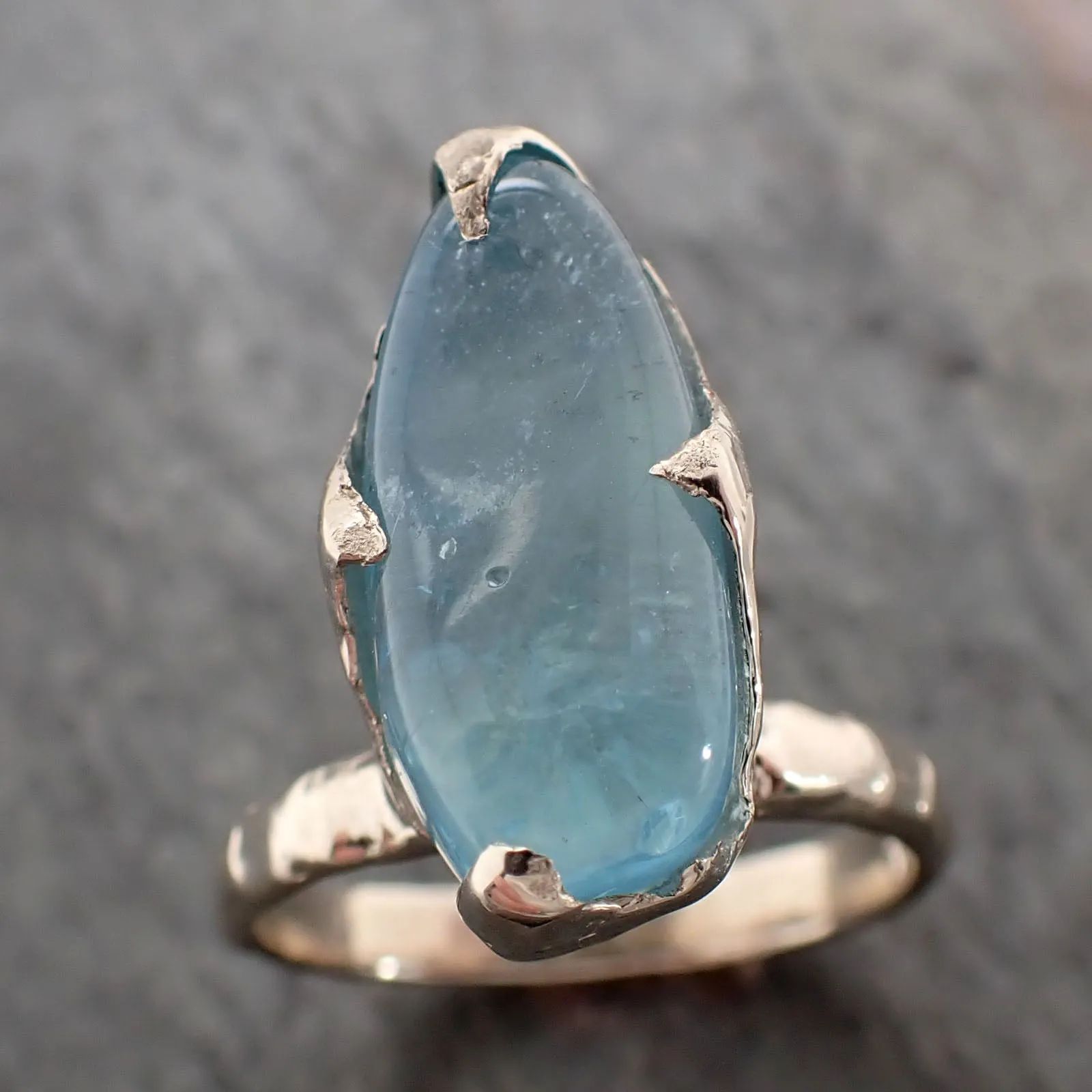 Aquamarine tumbled White 14k gold Solitaire gemstone ring 2819