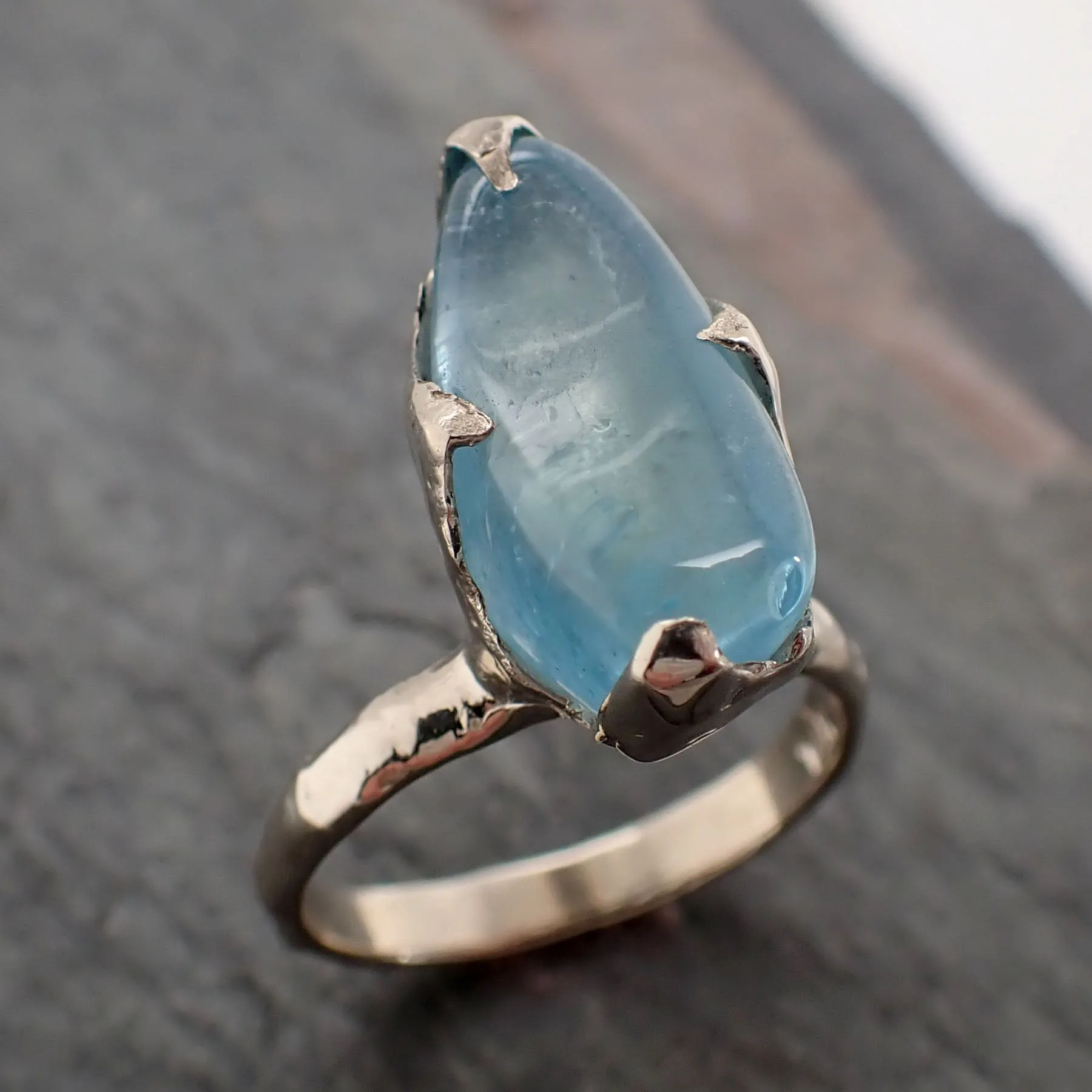 Aquamarine tumbled White 14k gold Solitaire gemstone ring 2819