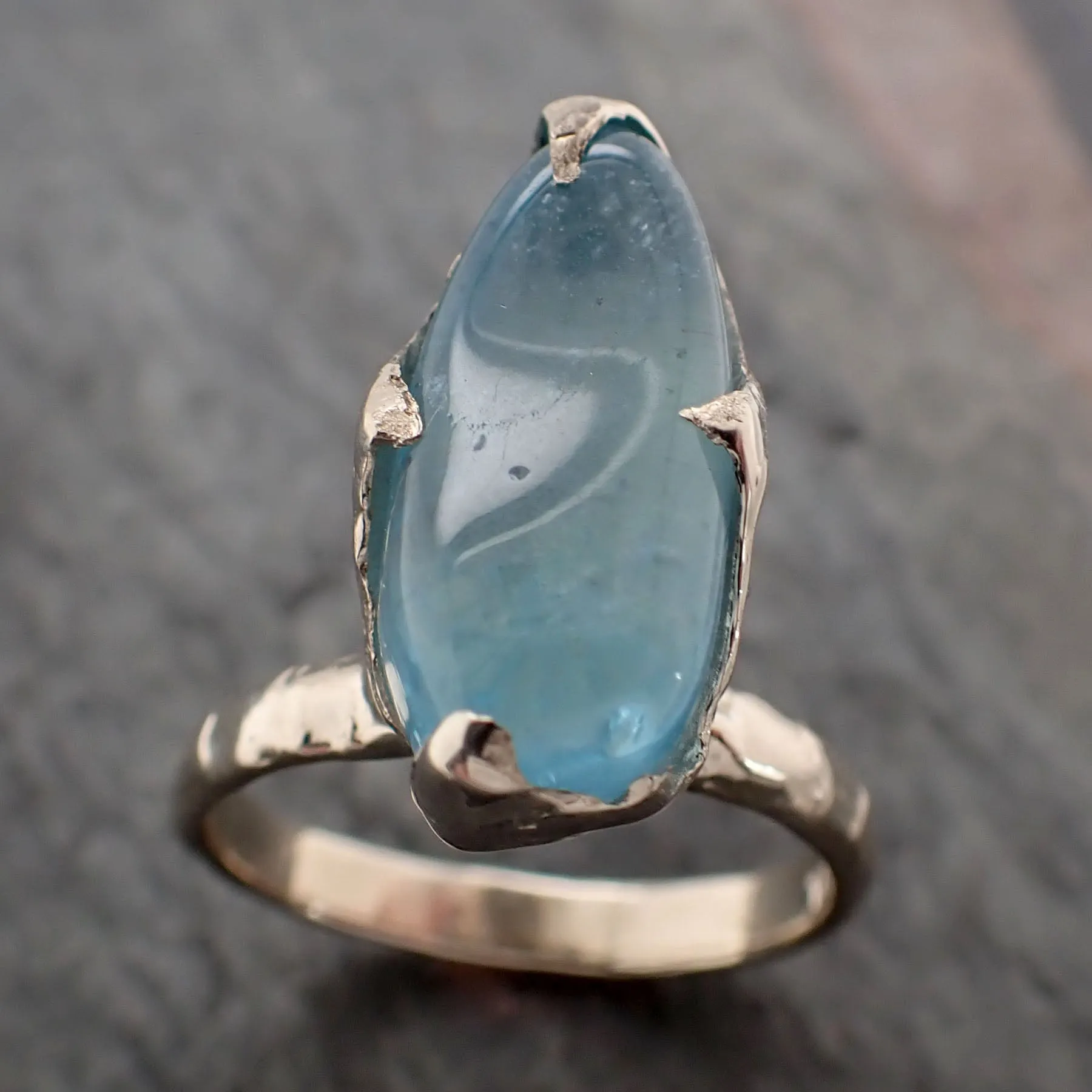 Aquamarine tumbled White 14k gold Solitaire gemstone ring 2819