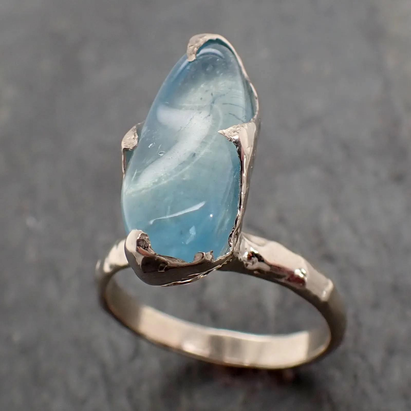 Aquamarine tumbled White 14k gold Solitaire gemstone ring 2819