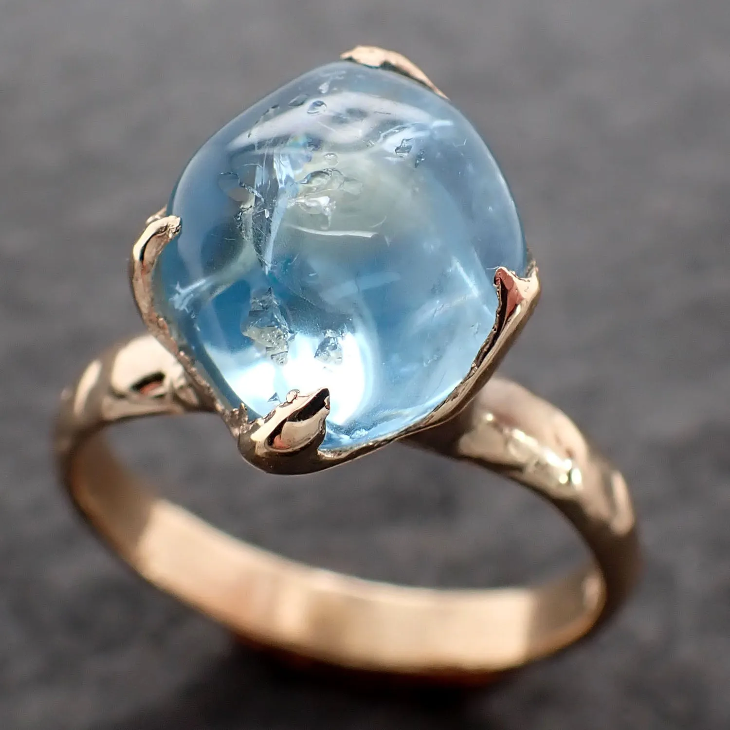 Aquamarine tumbled yellow 14k gold Solitaire gemstone ring 2685