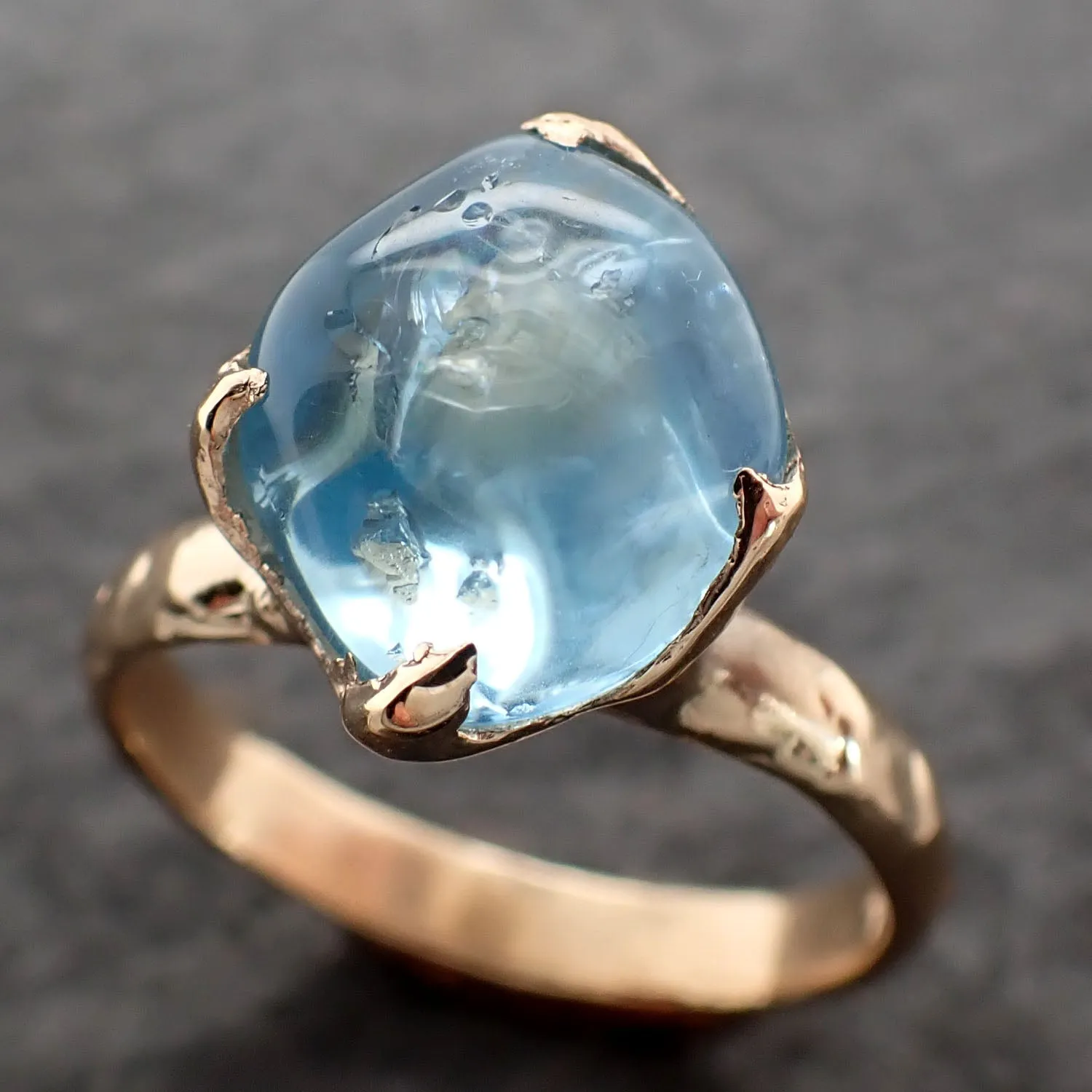 Aquamarine tumbled yellow 14k gold Solitaire gemstone ring 2685