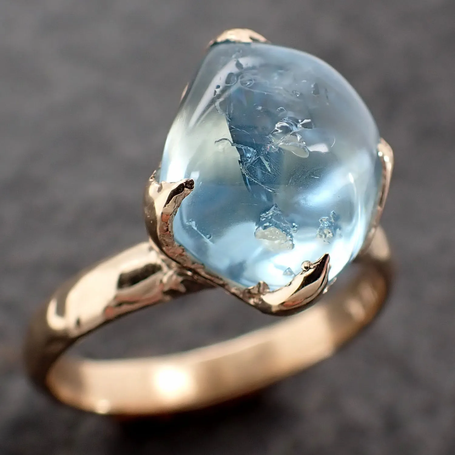 Aquamarine tumbled yellow 14k gold Solitaire gemstone ring 2685