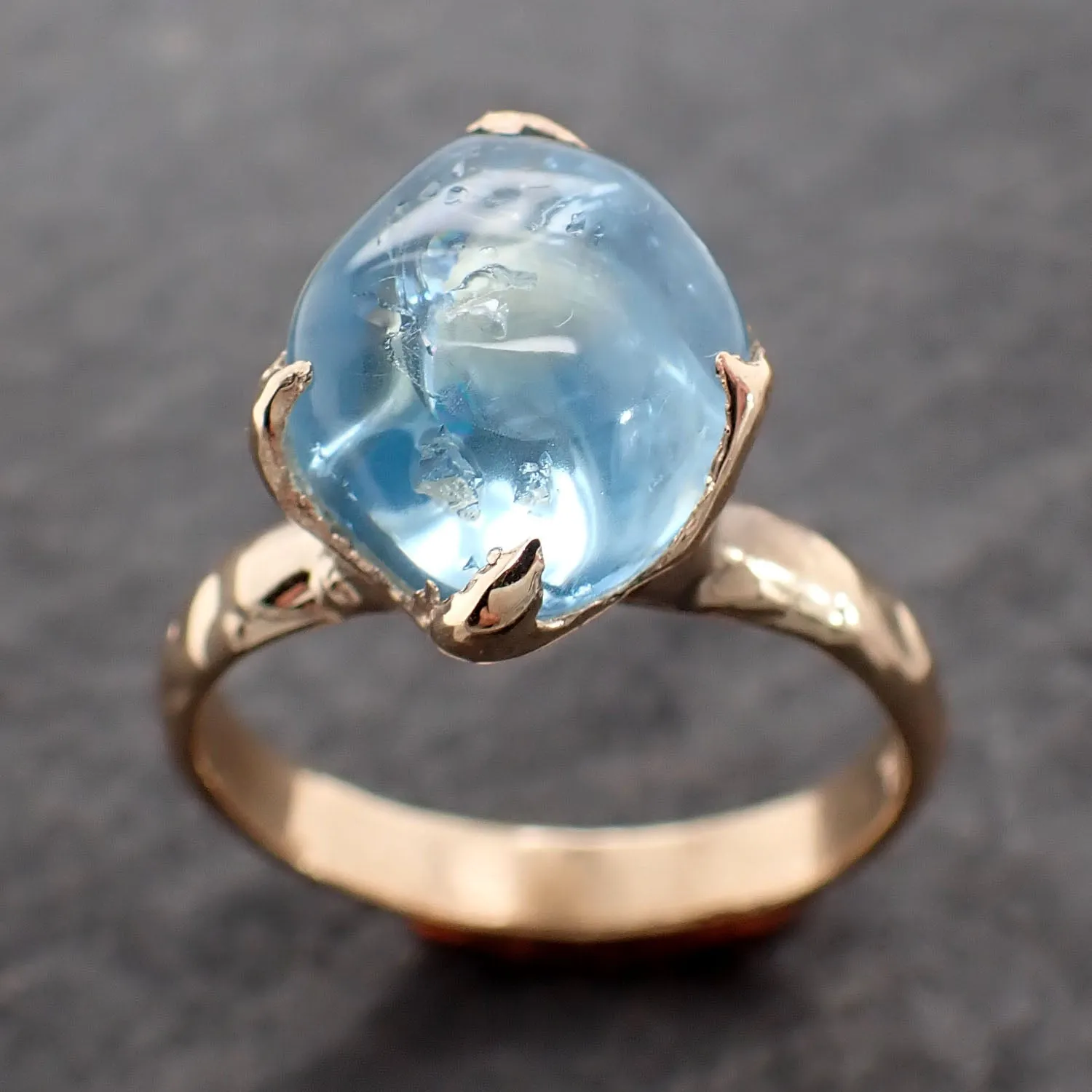 Aquamarine tumbled yellow 14k gold Solitaire gemstone ring 2685