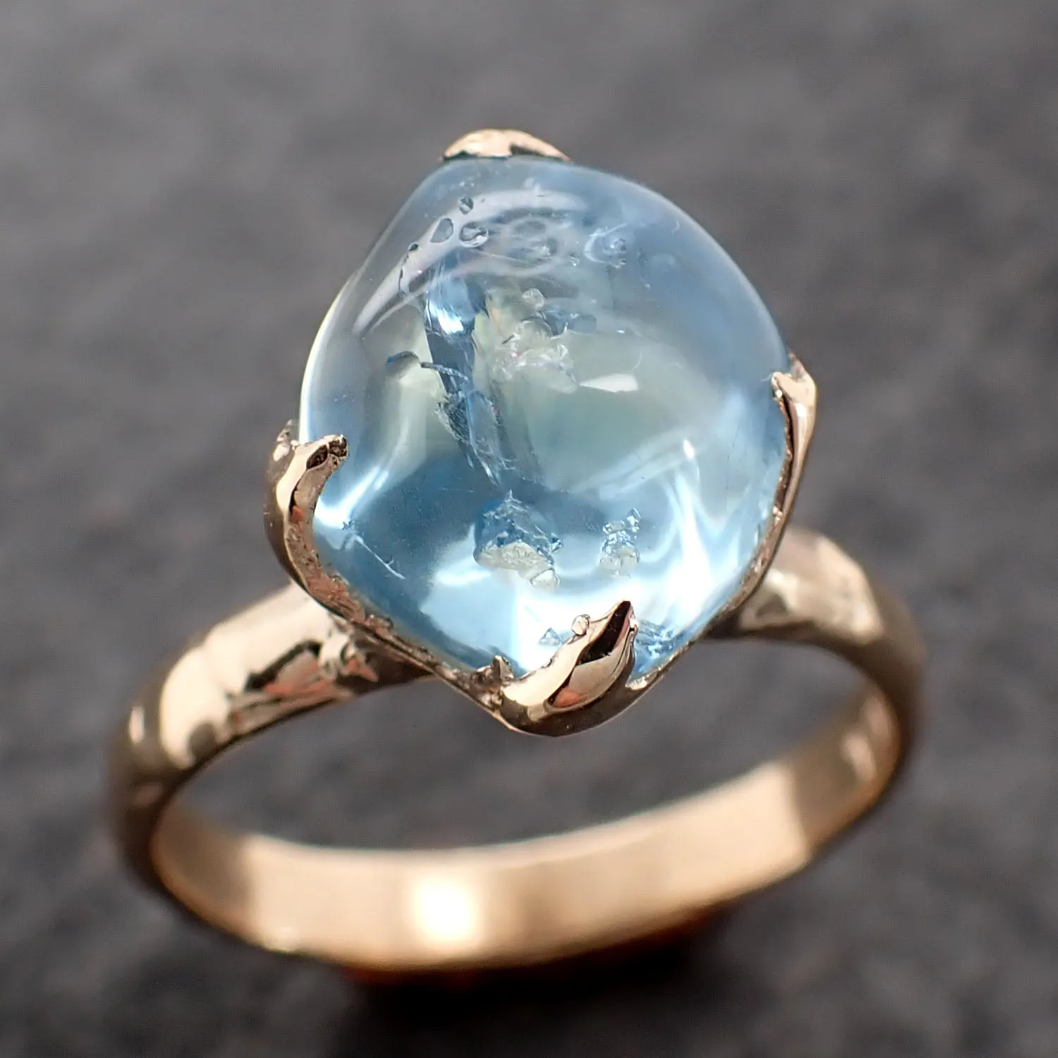 Aquamarine tumbled yellow 14k gold Solitaire gemstone ring 2685