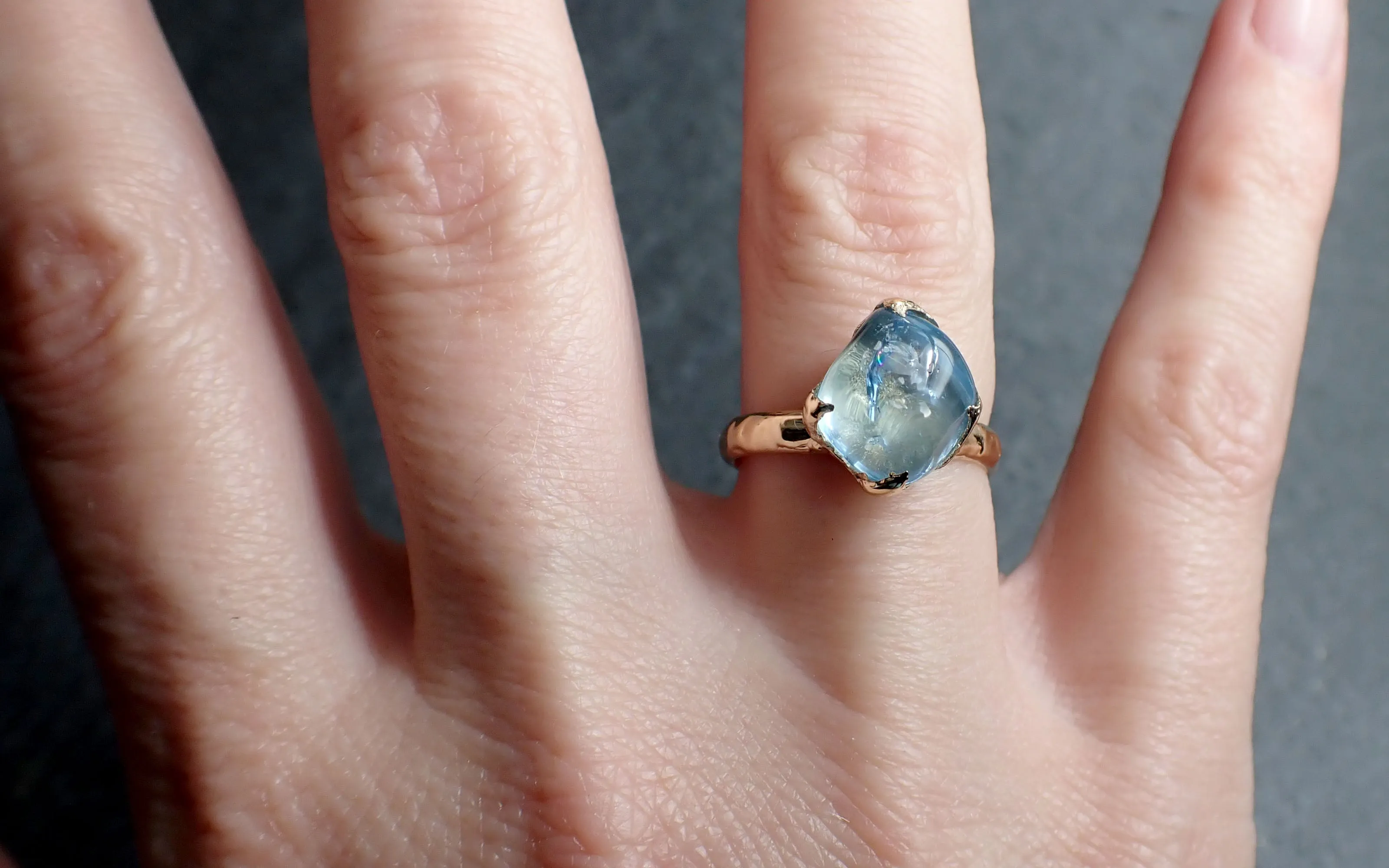 Aquamarine tumbled yellow 14k gold Solitaire gemstone ring 2685