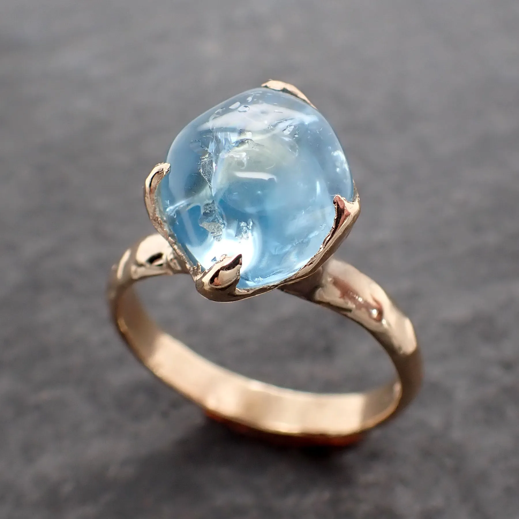 Aquamarine tumbled yellow 14k gold Solitaire gemstone ring 2685