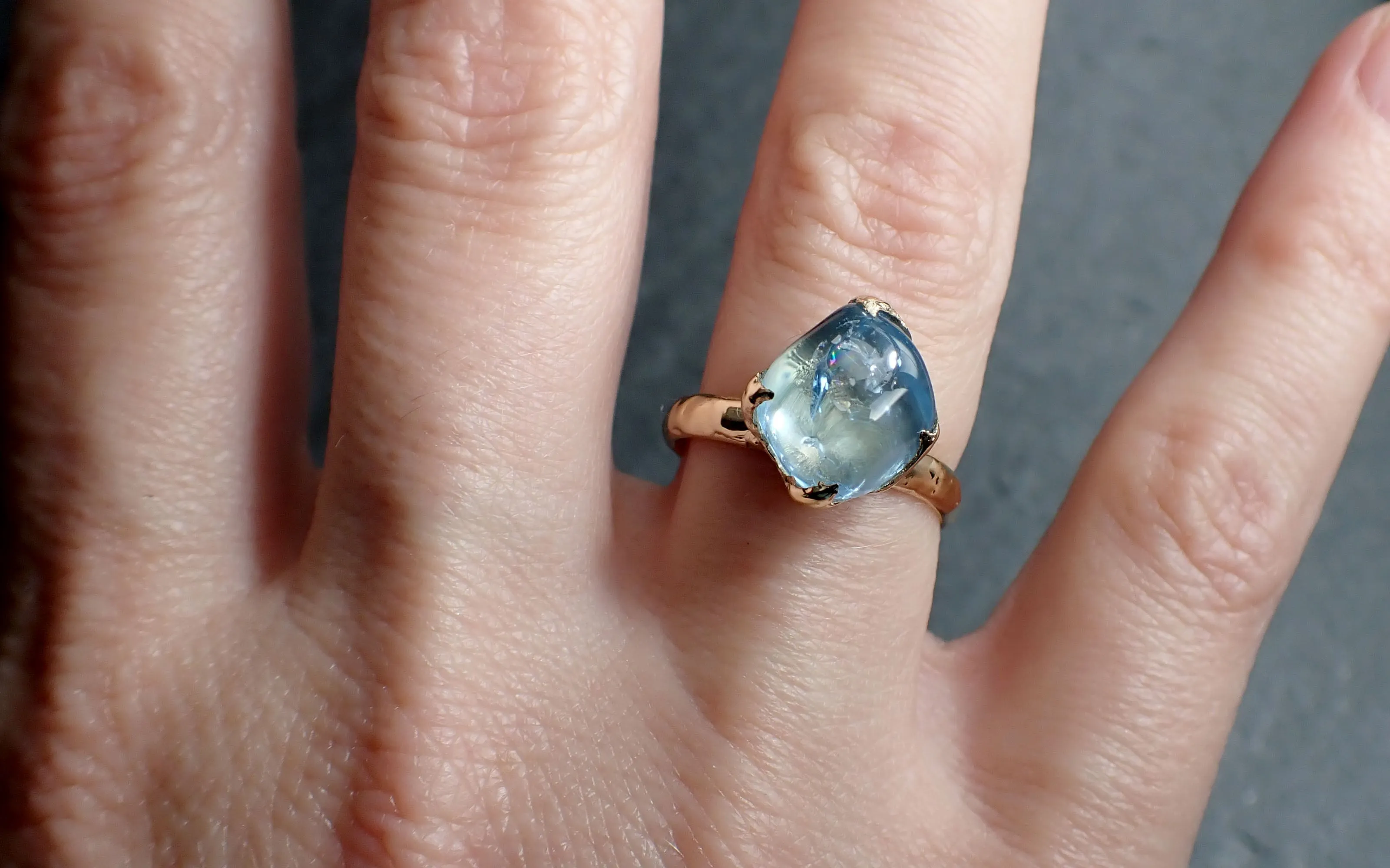 Aquamarine tumbled yellow 14k gold Solitaire gemstone ring 2685